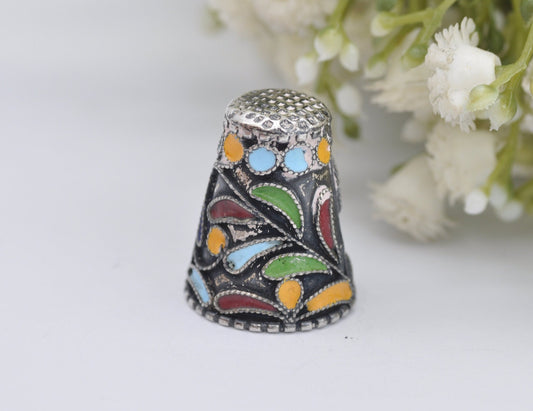 Vintage 935 Silver & Enamel Thimble - Mexico | 2317 | Sewing | Accessory | Detailed | Patterned | Silverware | Collectable