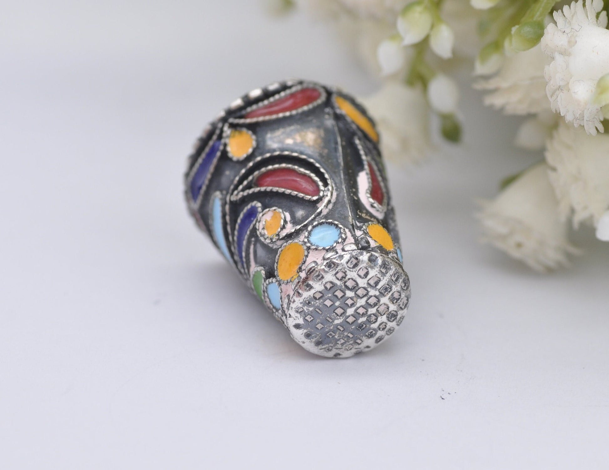Vintage 935 Silver & Enamel Thimble - Mexico | 2317 | Sewing | Accessory | Detailed | Patterned | Silverware | Collectable