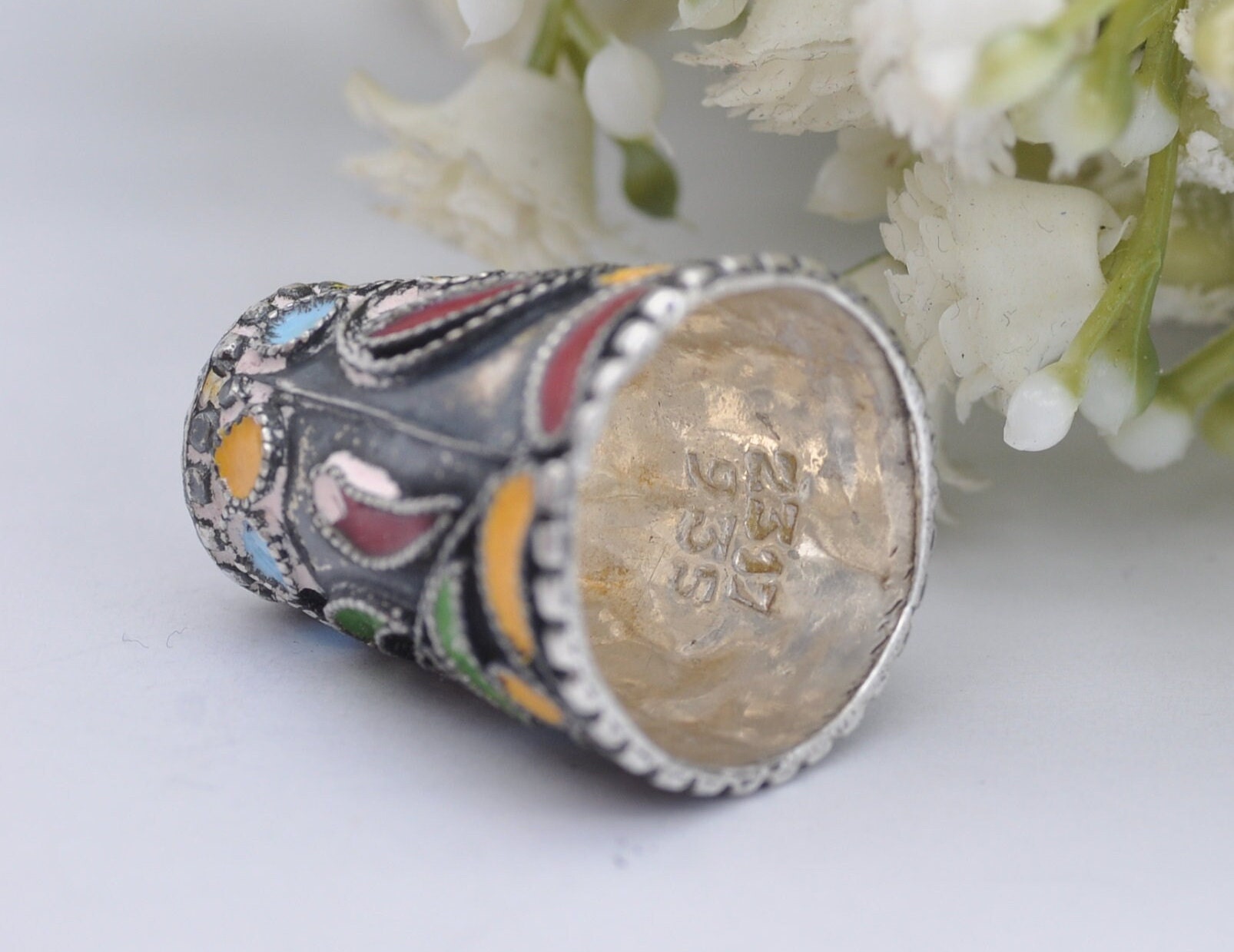 Vintage 935 Silver & Enamel Thimble - Mexico | 2317 | Sewing | Accessory | Detailed | Patterned | Silverware | Collectable