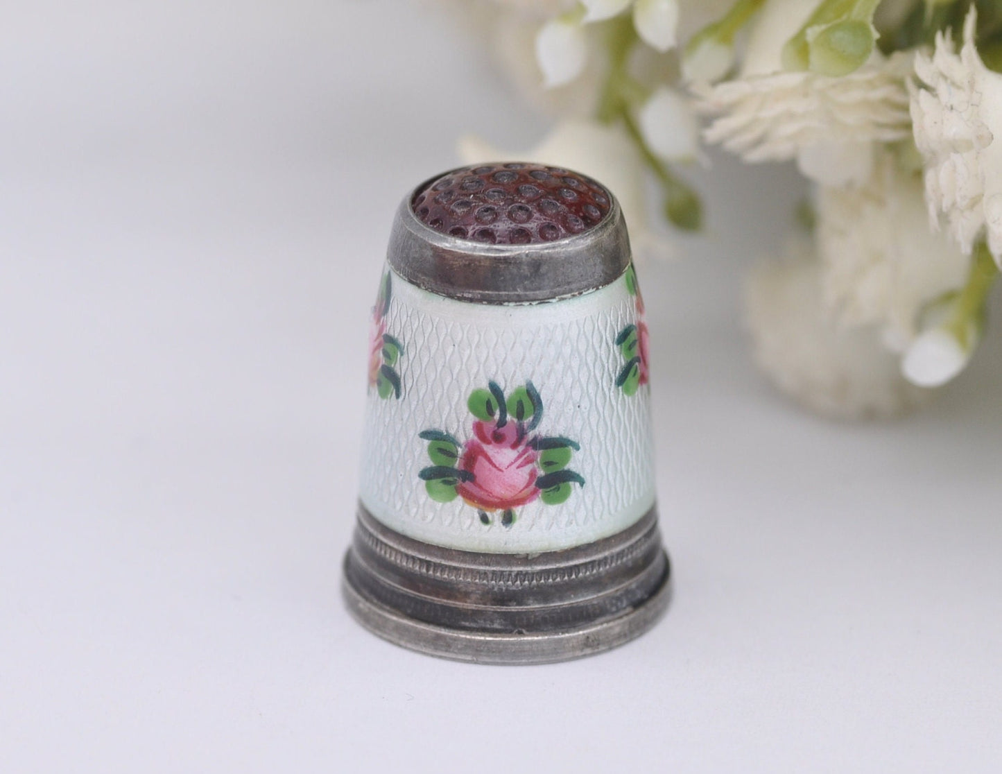 Vintage Silver & Guilloché Enamel Red Topped Rose Thimble - Sewing | Detailed | 935 Silver | Floral | Flower