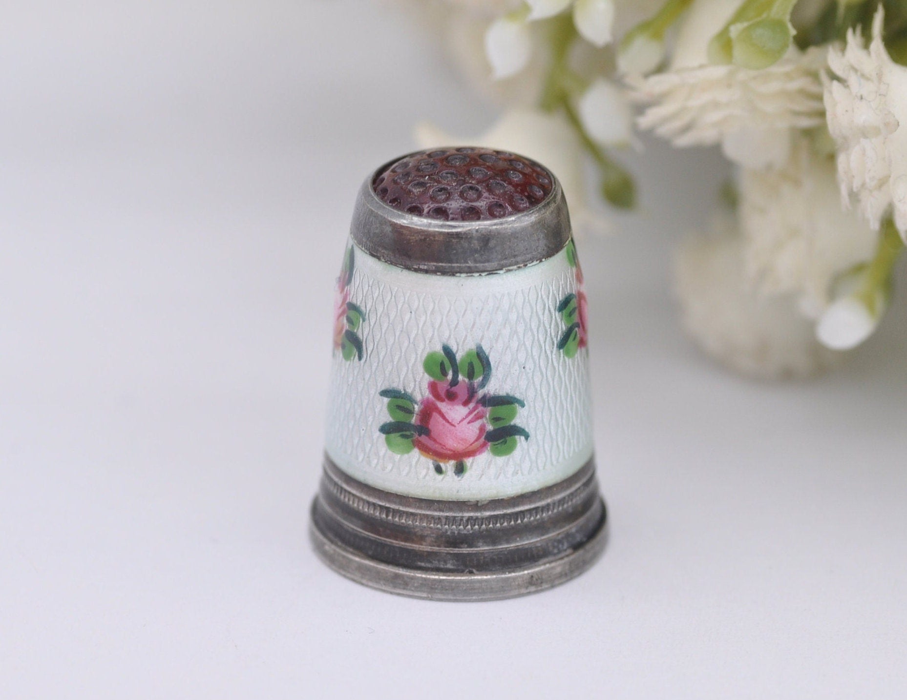 Vintage Silver & Guilloché Enamel Red Topped Rose Thimble - Sewing | Detailed | 935 Silver | Floral | Flower