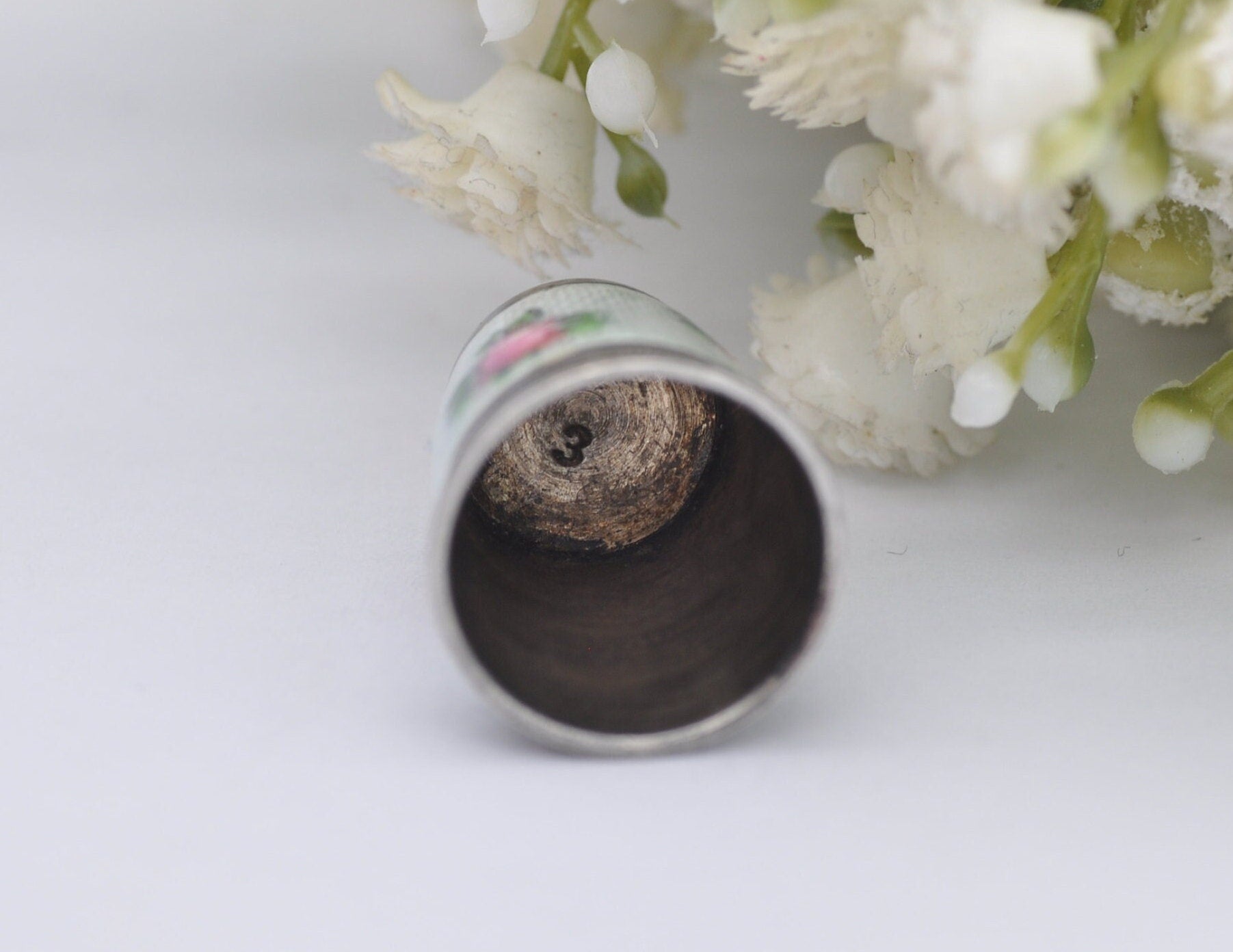 Vintage Silver & Guilloché Enamel Red Topped Rose Thimble - Sewing | Detailed | 935 Silver | Floral | Flower