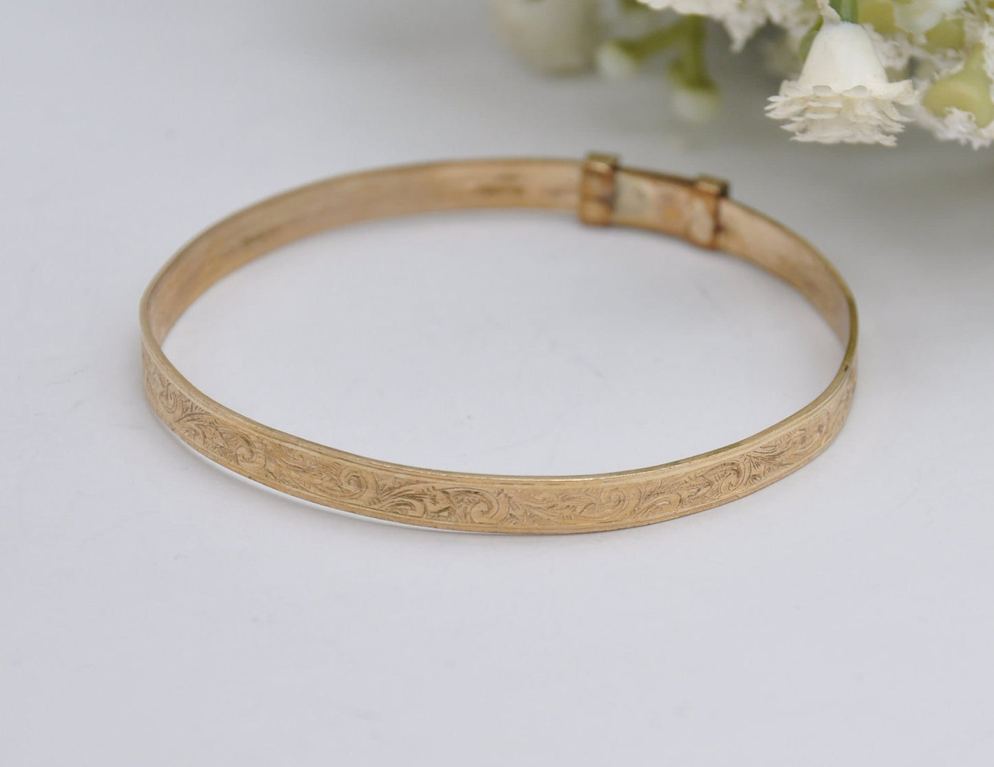Vintage HG&S 9ct Rolled Gold Bangle Bracelet - Expanding | Child | Baby | Etched | Floral | Foliate | Leaf | Henry Griffith and Sons