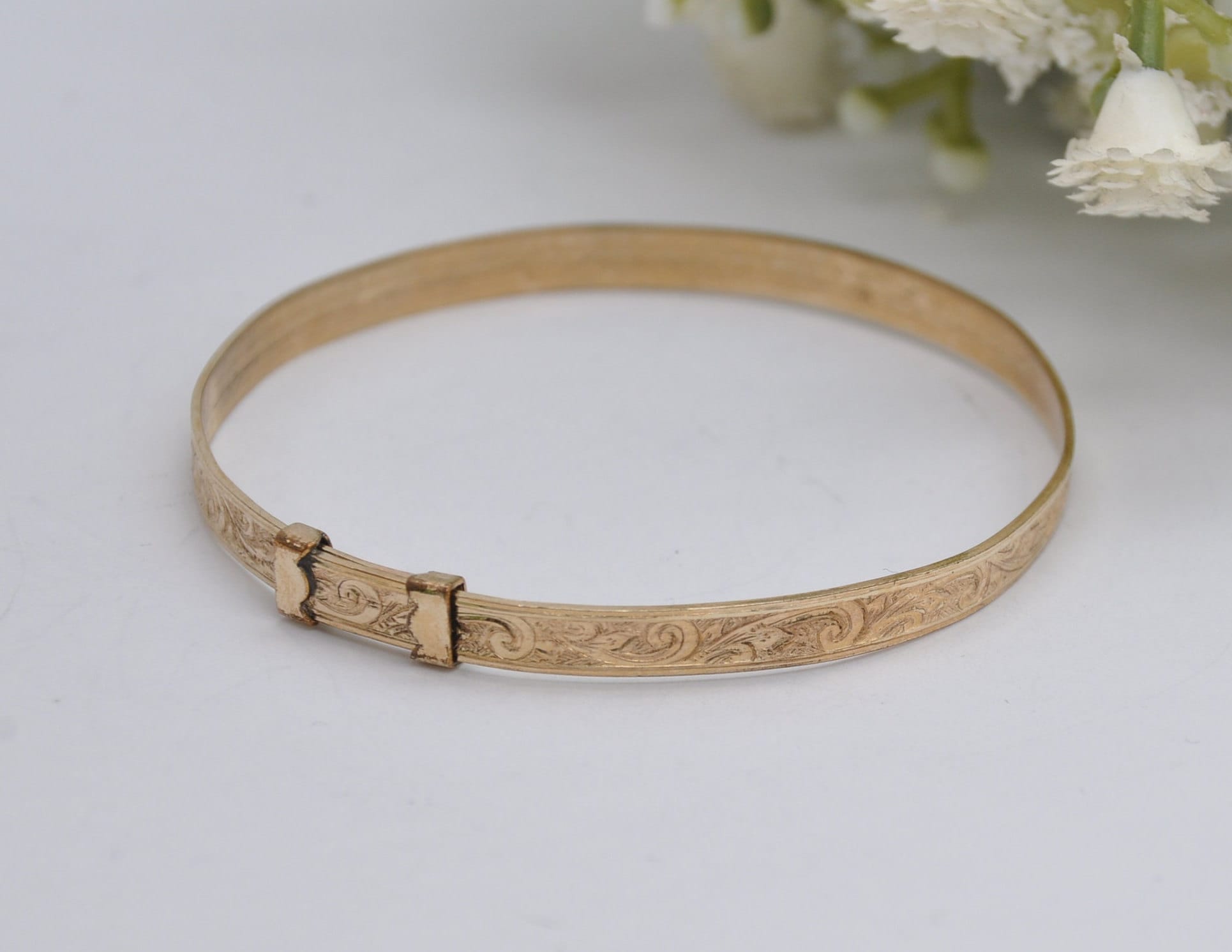 Vintage HG&S 9ct Rolled Gold Bangle Bracelet - Expanding | Child | Baby | Etched | Floral | Foliate | Leaf | Henry Griffith and Sons