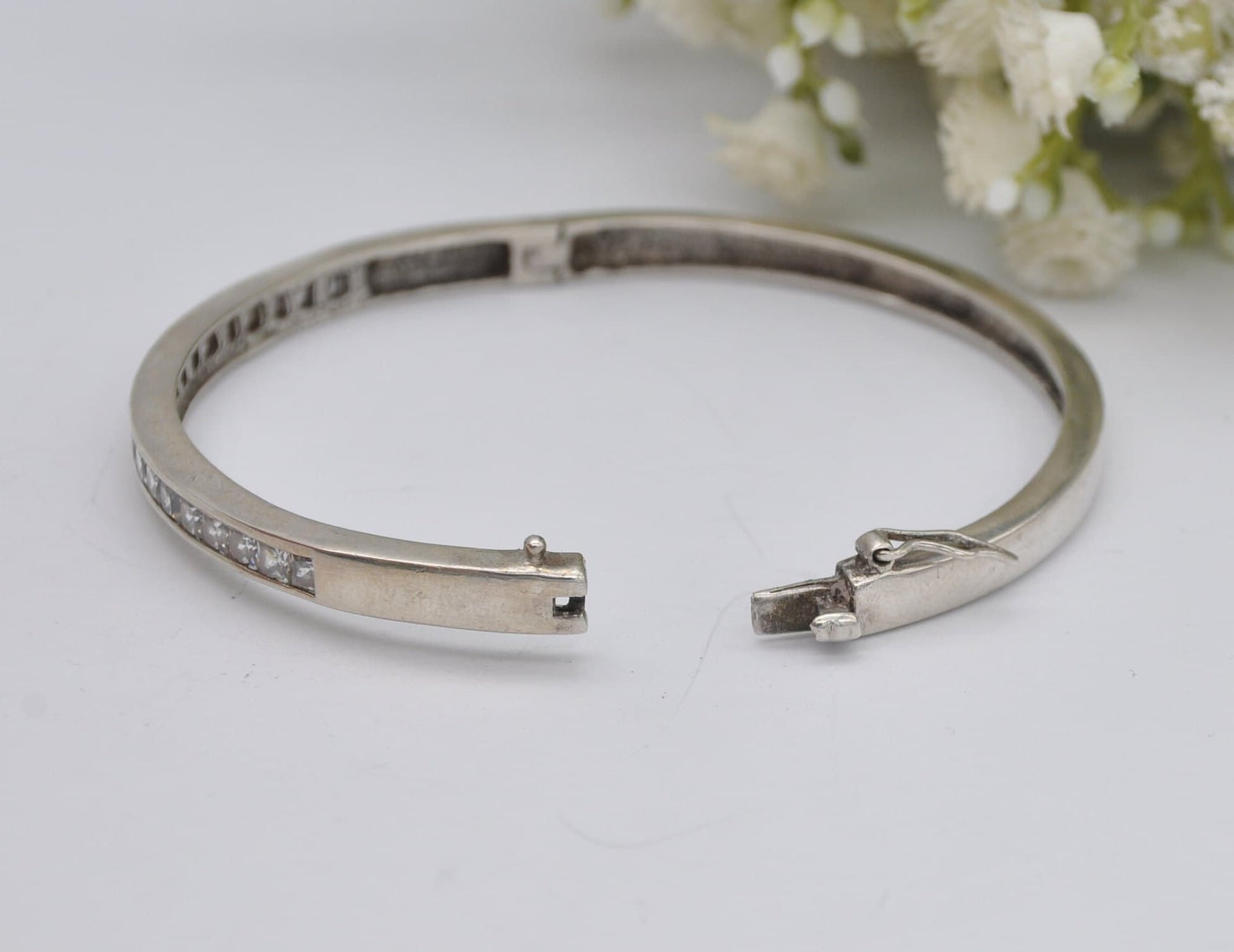 Sterling Silver and White Stone Bangle Bracelet - Elegant | Row | Safety Clip | 925