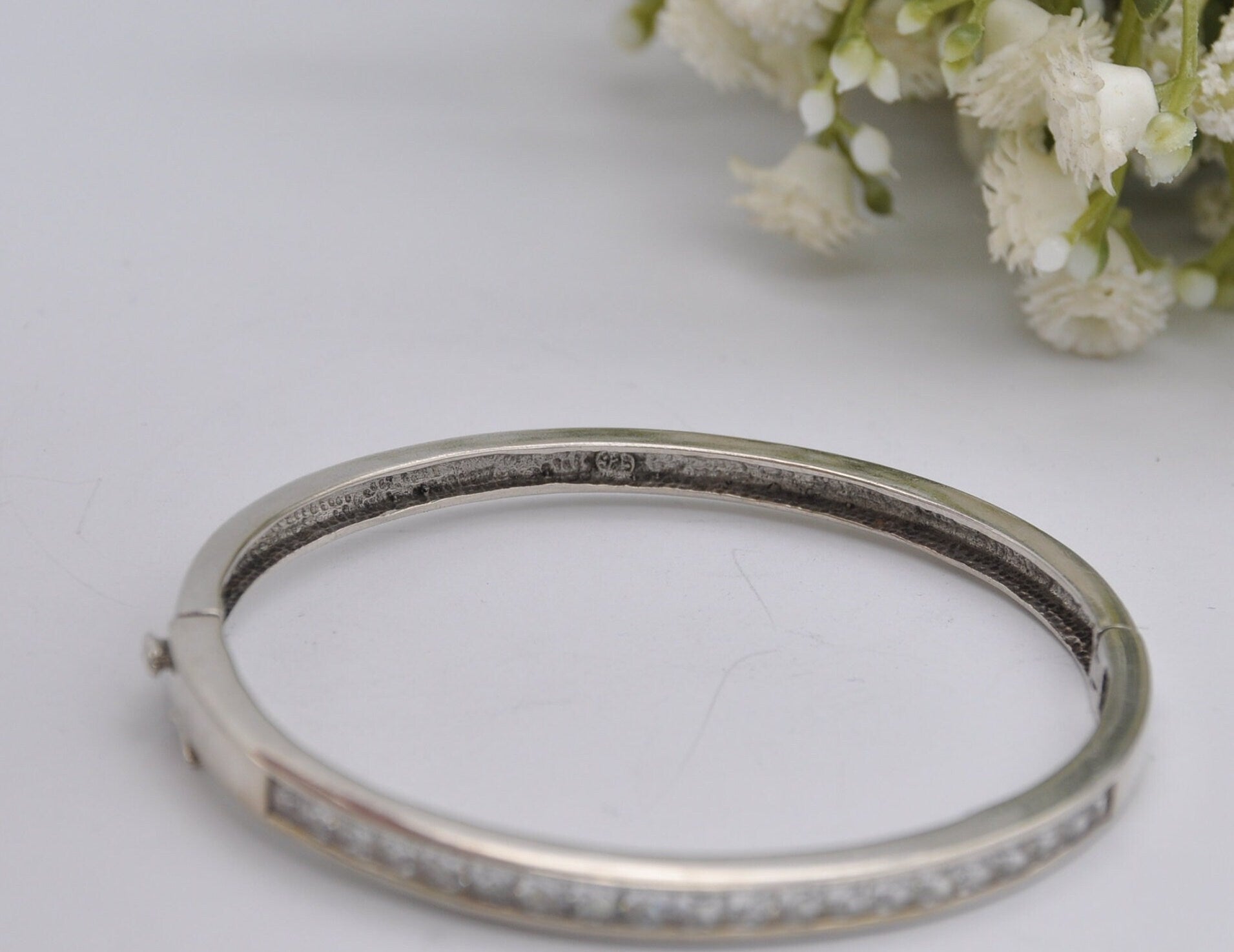 Sterling Silver and White Stone Bangle Bracelet - Elegant | Row | Safety Clip | 925