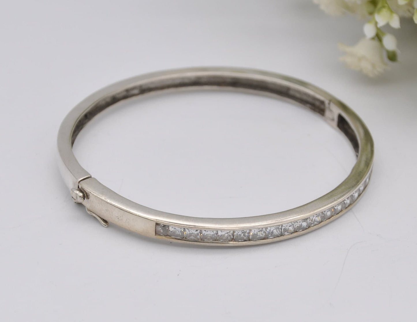 Sterling Silver and White Stone Bangle Bracelet - Elegant | Row | Safety Clip | 925