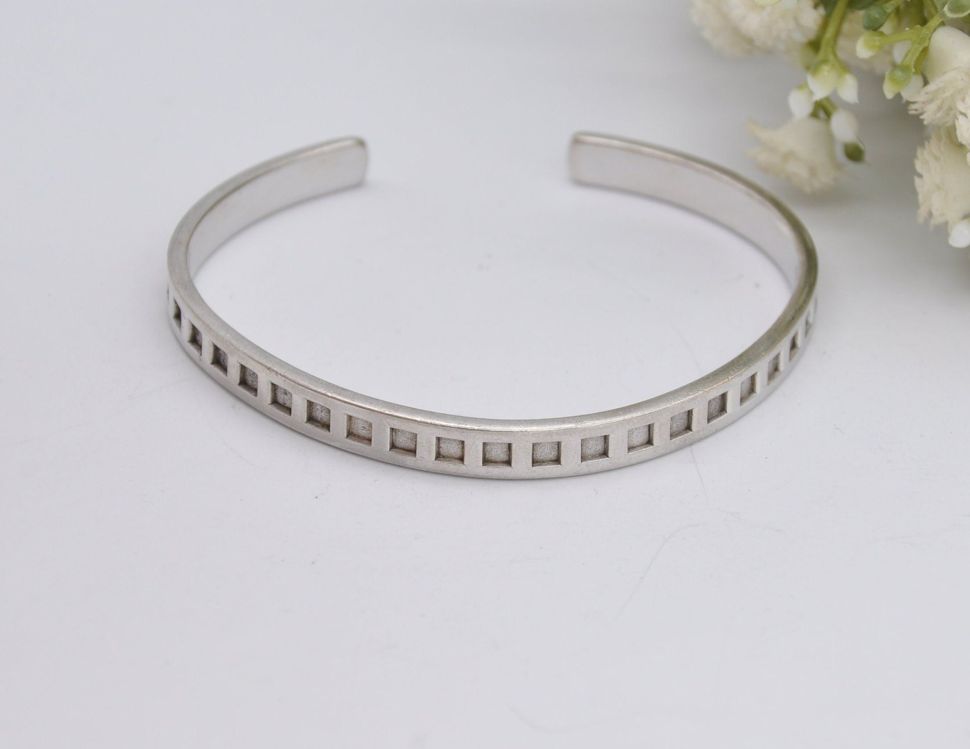 Vintage Sterling Silver Open Cuff Bangle Bracelet - Square Pattern / Elegant / Statement