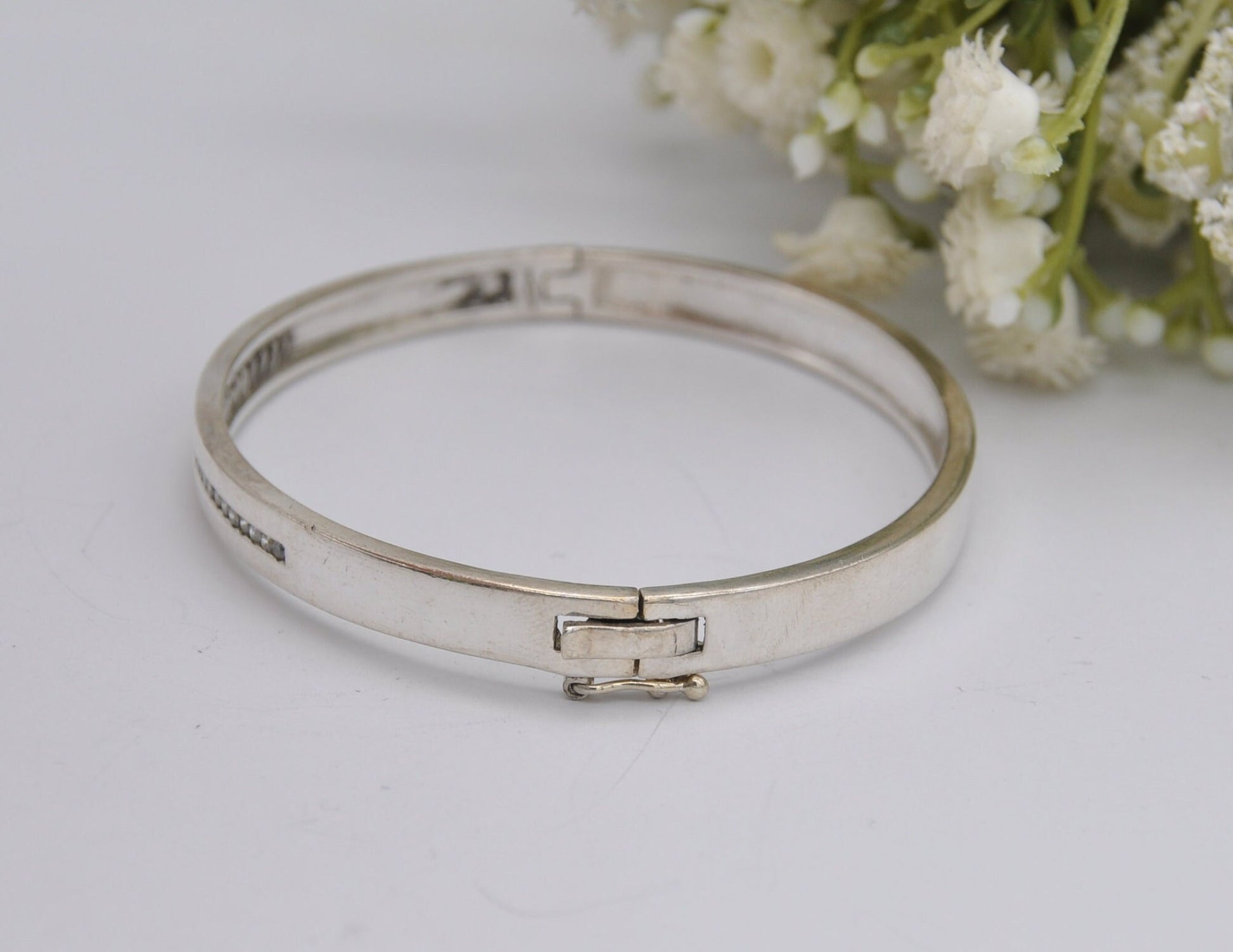Sterling Silver and White Stone Bangle Bracelet - Elegant | Row | Safety Clip | 925
