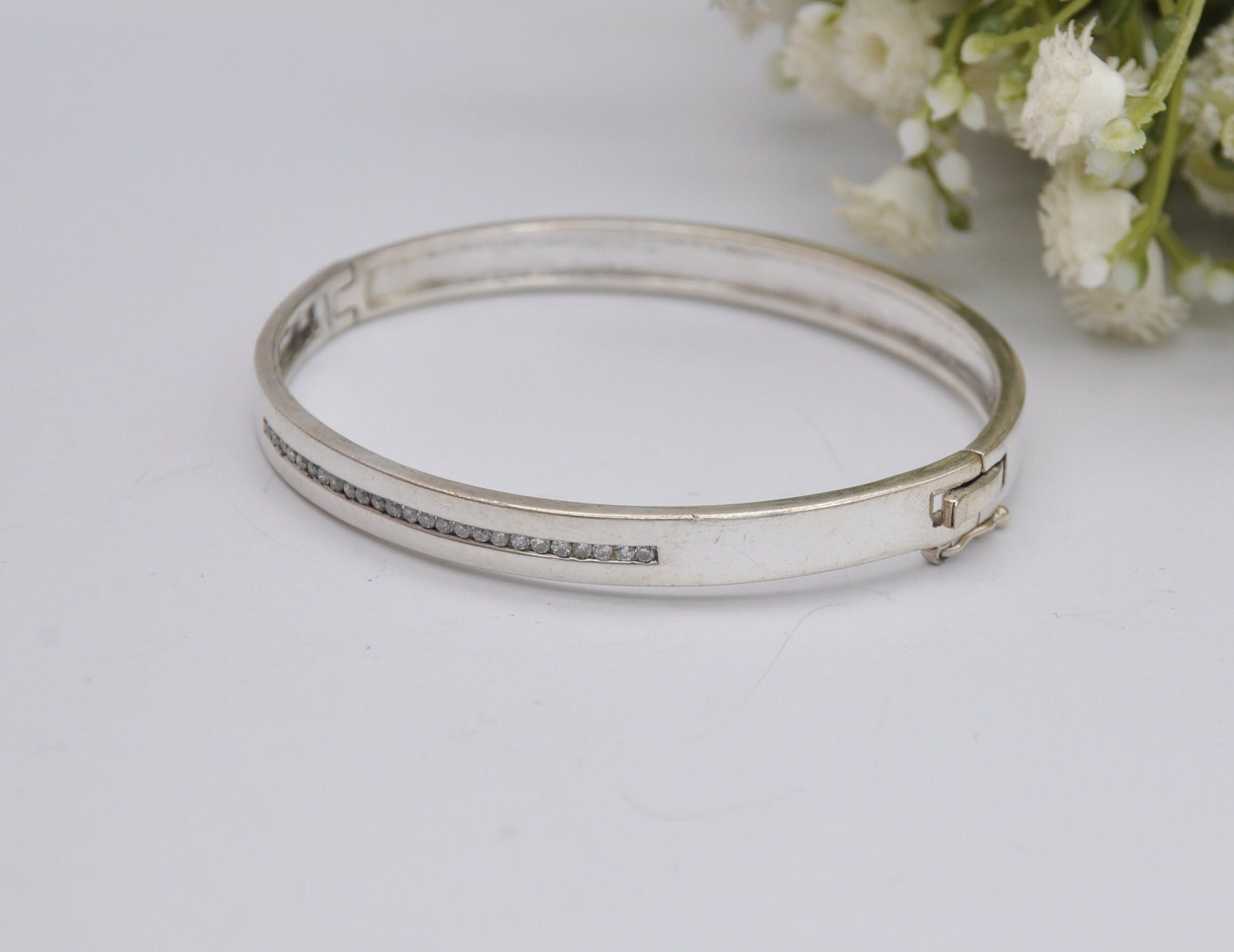 Sterling Silver and White Stone Bangle Bracelet - Elegant | Row | Safety Clip | 925