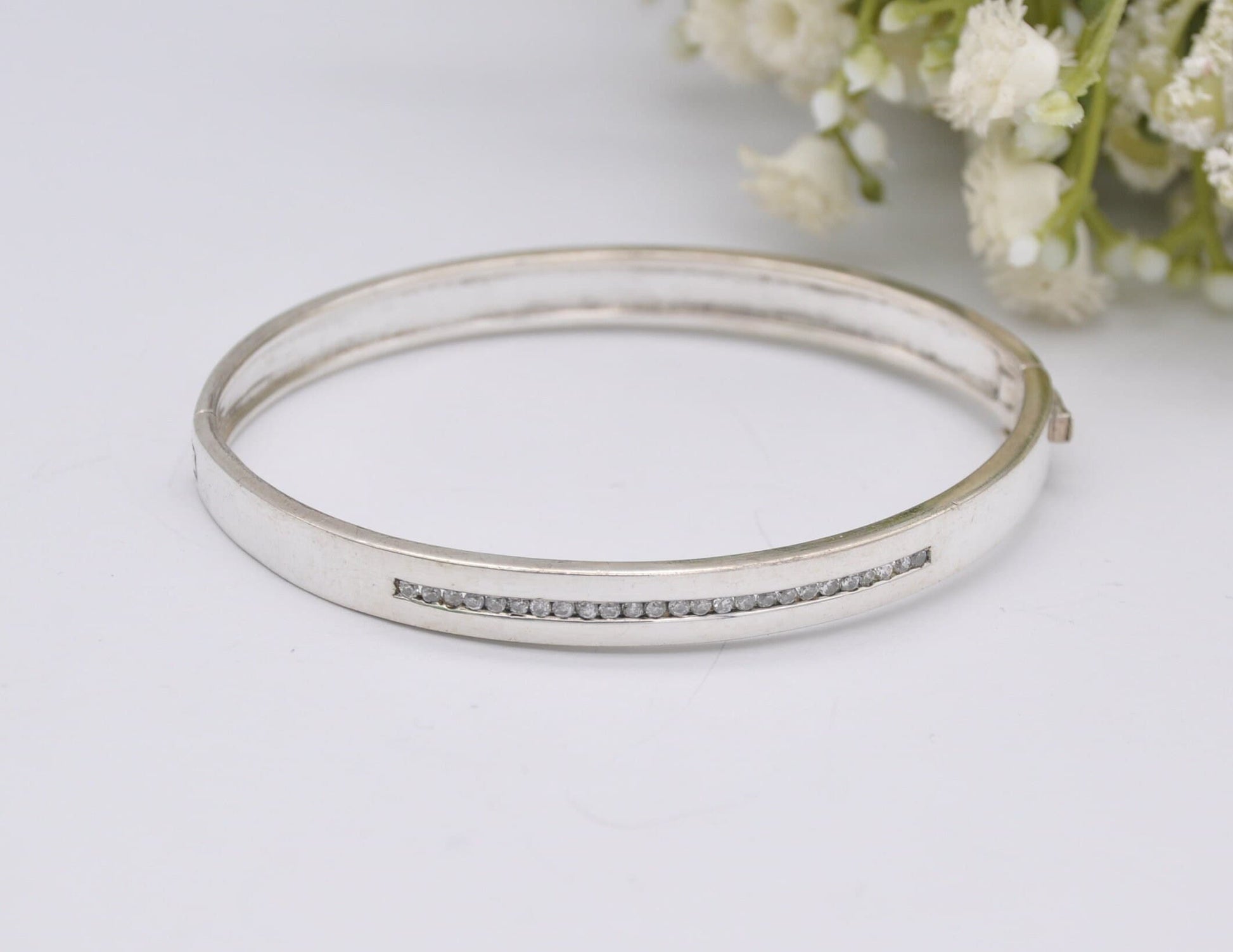 Sterling Silver and White Stone Bangle Bracelet - Elegant | Row | Safety Clip | 925