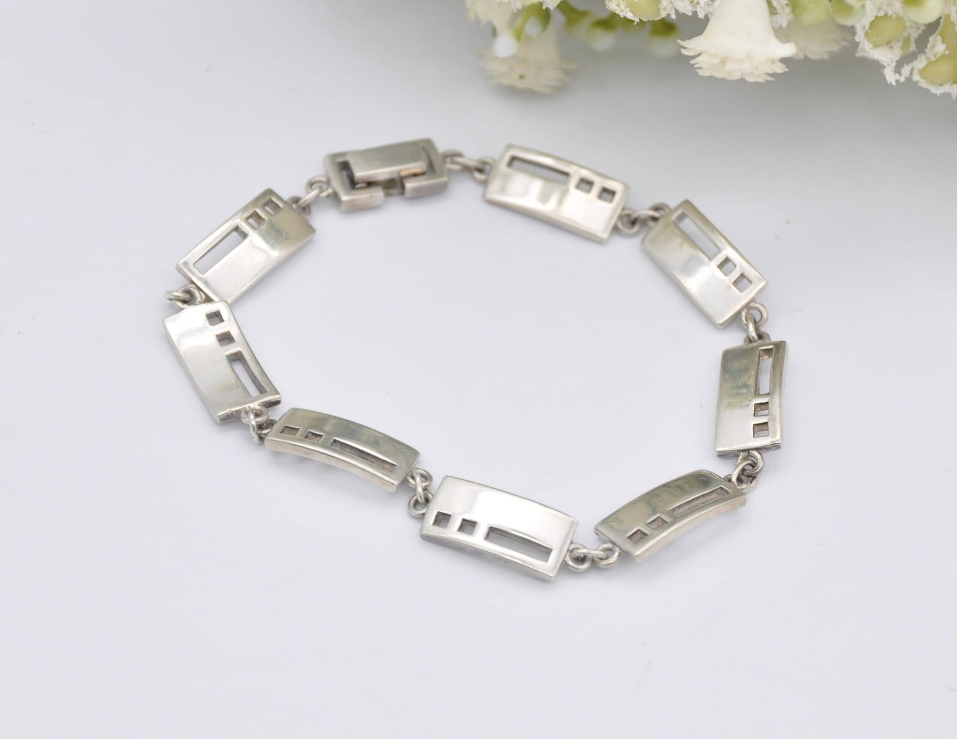 Sterling Silver Openwork Rectangle Panel Bracelet - Chain / Modernist Design / 925