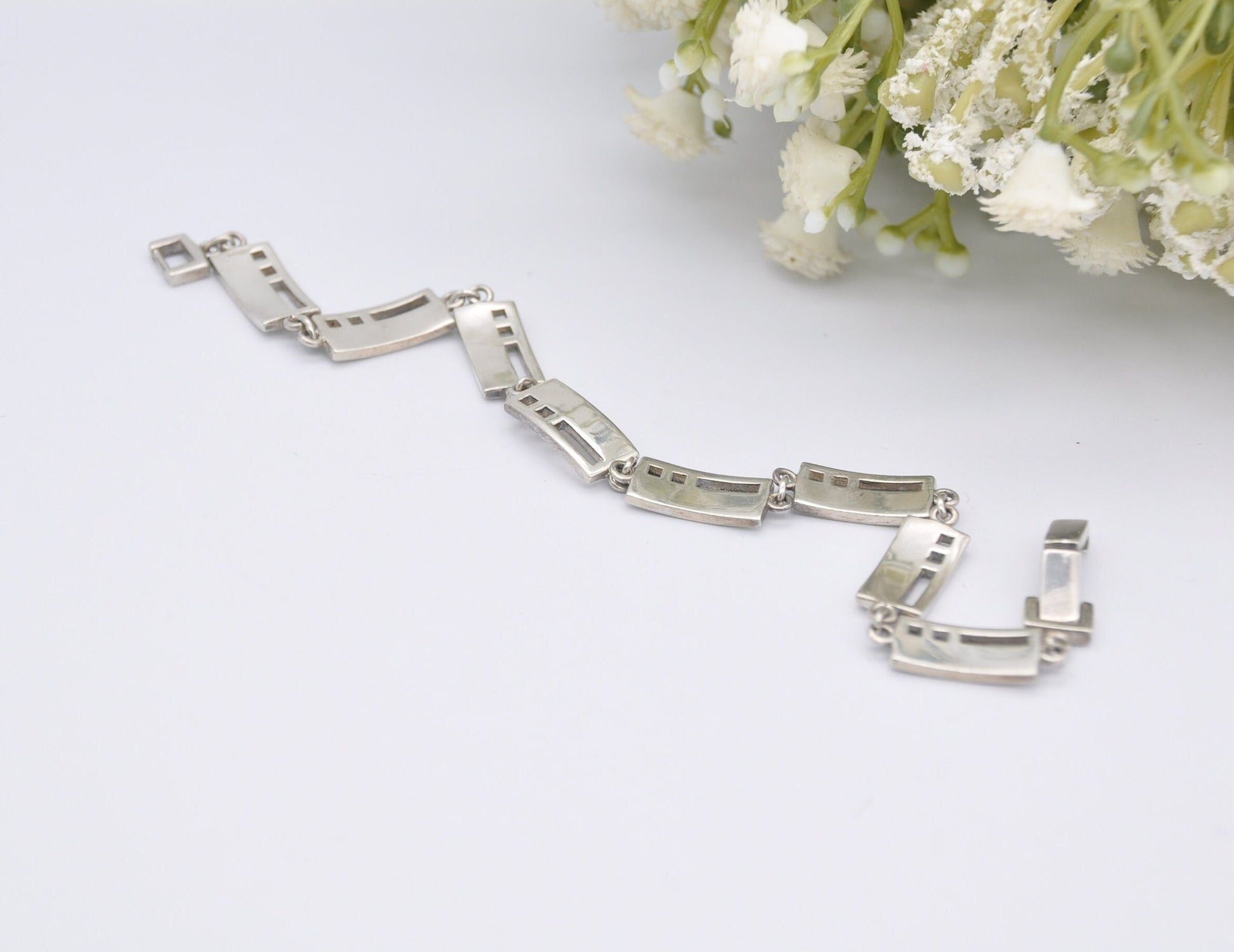 Sterling Silver Openwork Rectangle Panel Bracelet - Chain / Modernist Design / 925