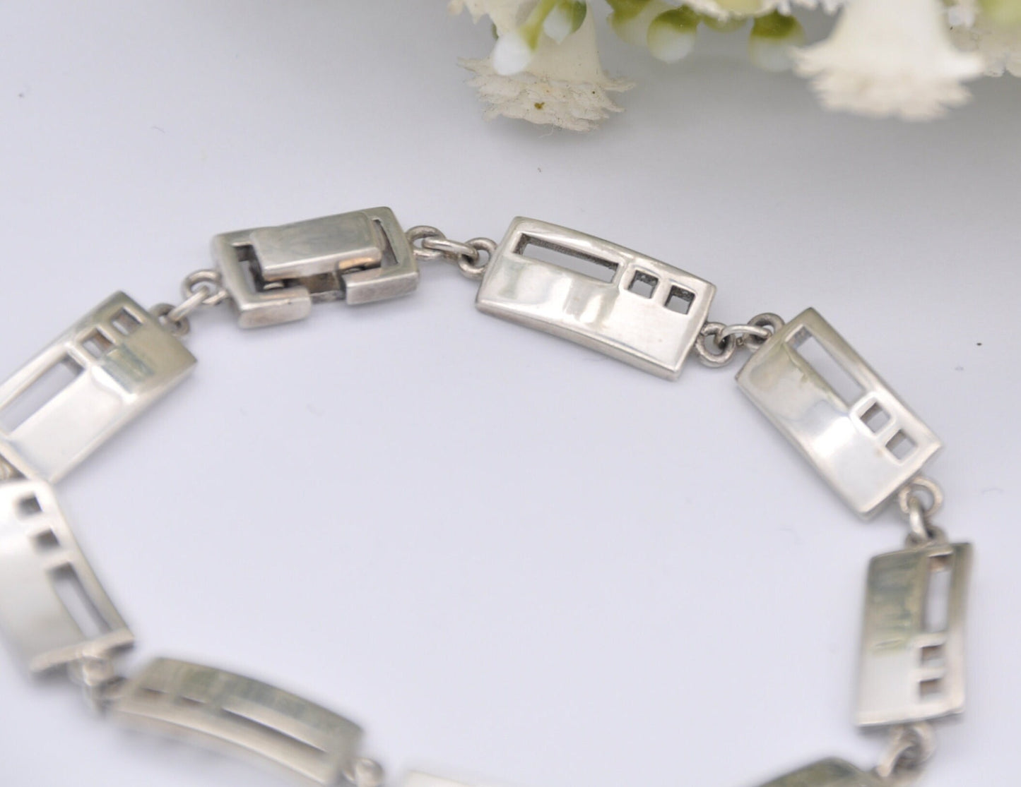 Sterling Silver Openwork Rectangle Panel Bracelet - Chain / Modernist Design / 925