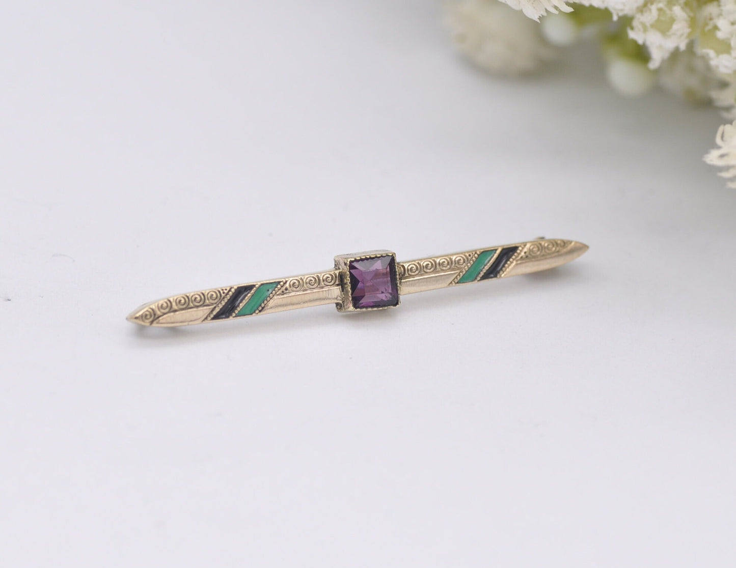 Vintage Gold Amethyst & Enamel Bar Brooch - Victorian Style / Detailed / Purple Stone / Pin