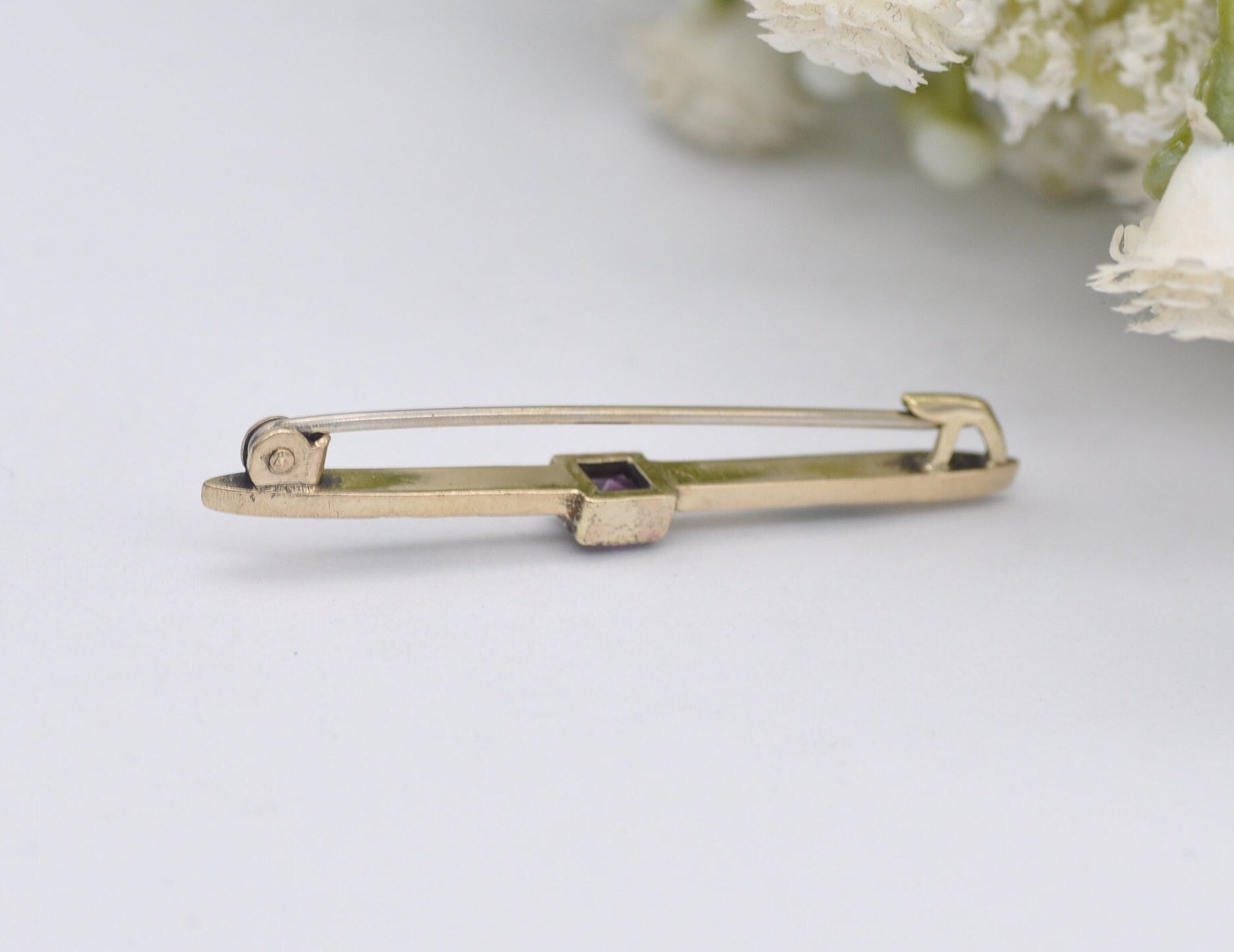 Vintage Gold Amethyst & Enamel Bar Brooch - Victorian Style / Detailed / Purple Stone / Pin