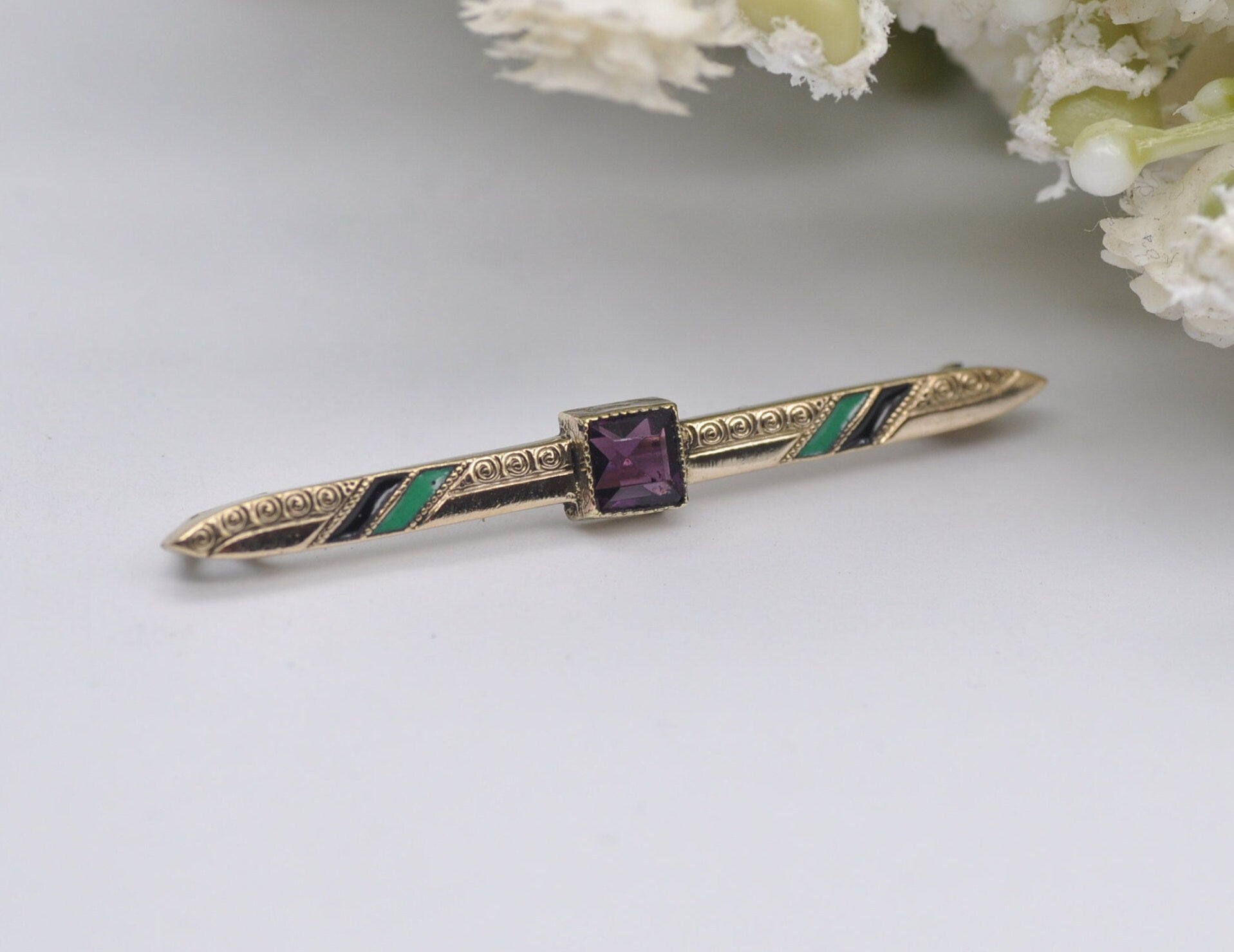 Vintage Gold Amethyst & Enamel Bar Brooch - Victorian Style / Detailed / Purple Stone / Pin