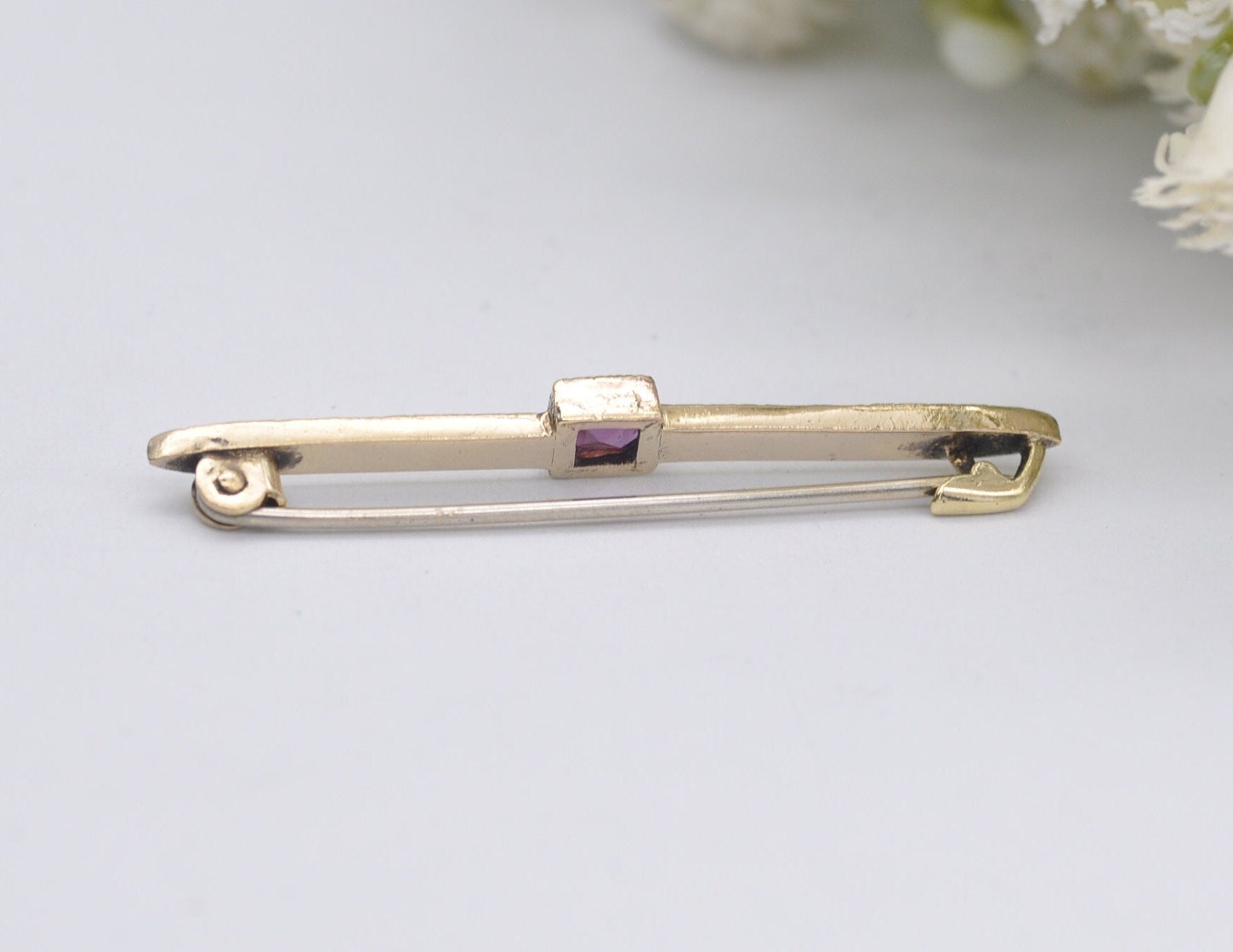 Vintage Gold Amethyst & Enamel Bar Brooch - Victorian Style / Detailed / Purple Stone / Pin