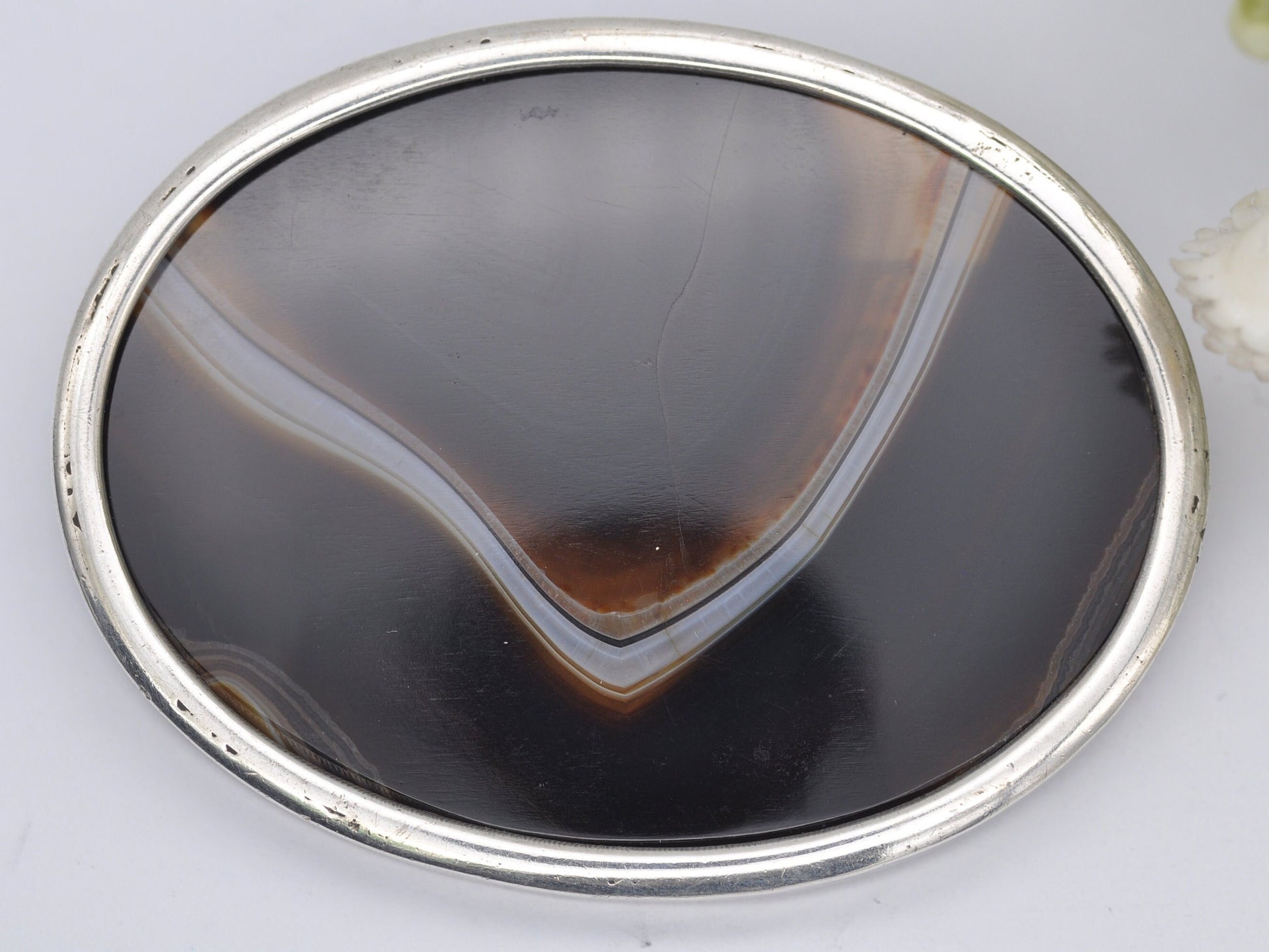 Antique Silver and Banded Agate Brooch - Black Stone / Vintage / Victorian / Statement / Pin