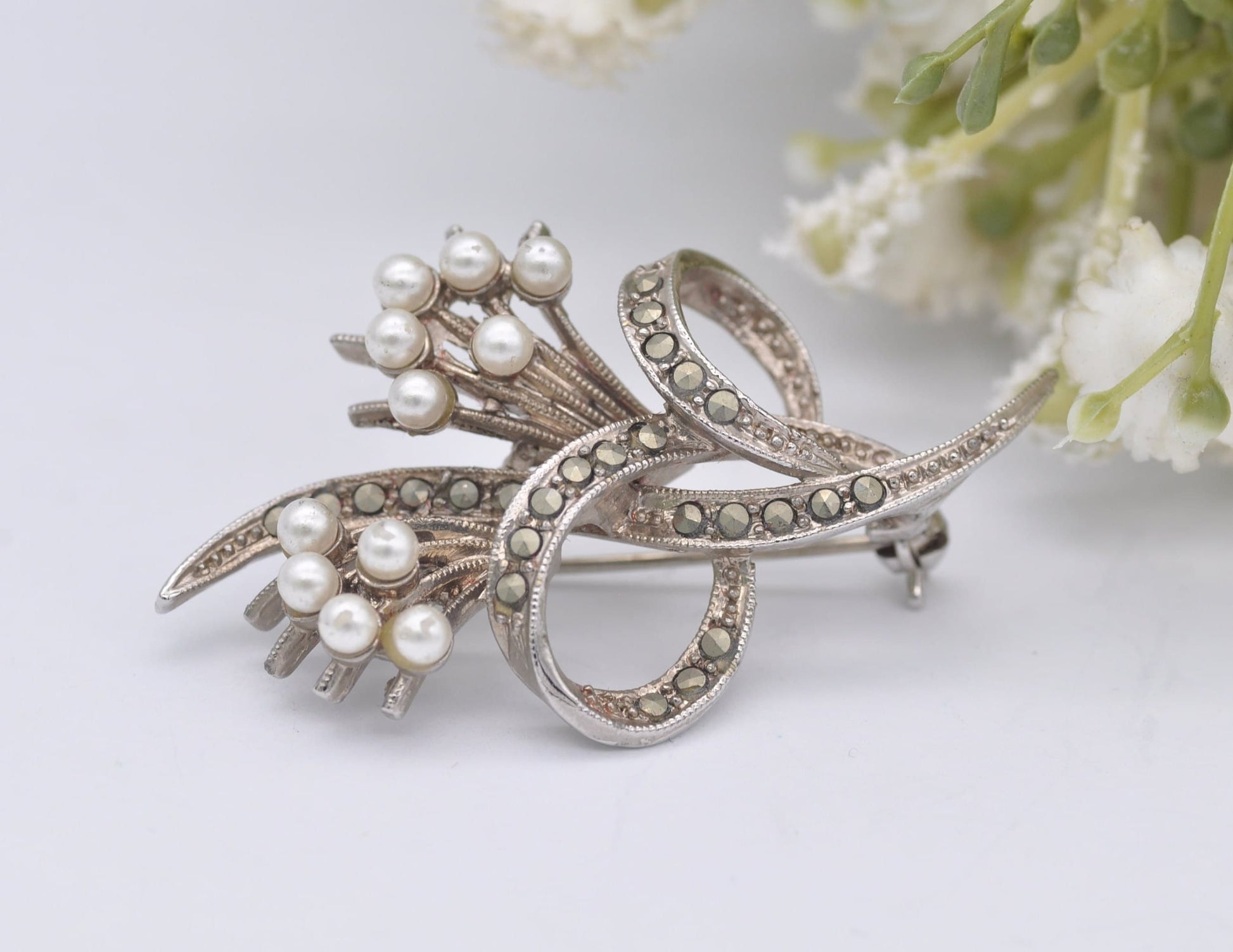 Vintage Silver Tone Exquisite Flower Brooch - Faux Pearl / Floral / Marcasite / Statement / Nature