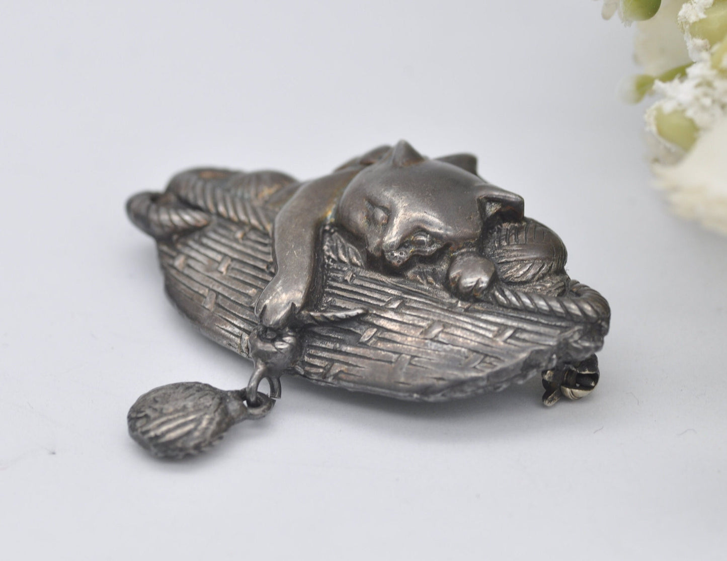 Vintage Sterling Silver Cat in a Basket Brooch - Pet / Cat Lover / Playing / Animal / Pin / Statement