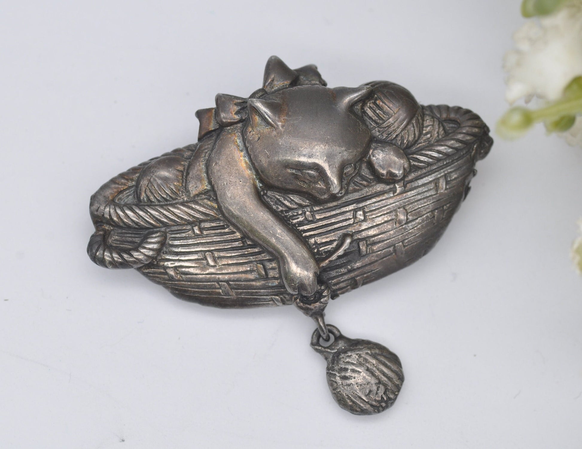 Vintage Sterling Silver Cat in a Basket Brooch - Pet / Cat Lover / Playing / Animal / Pin / Statement