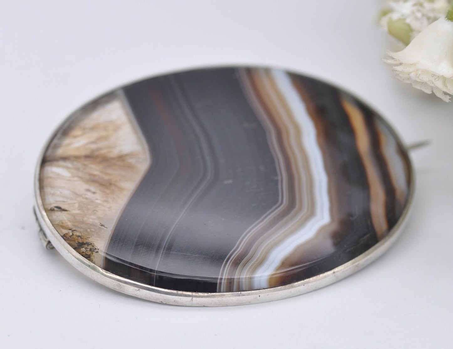 Antique Sterling Silver and Banded Agate Brooch - Black Stone / Oval / Statement / Pin / 925