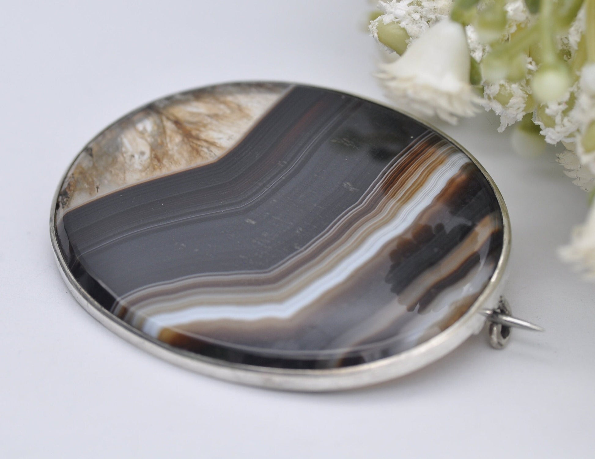 Antique Sterling Silver and Banded Agate Brooch - Black Stone / Oval / Statement / Pin / 925