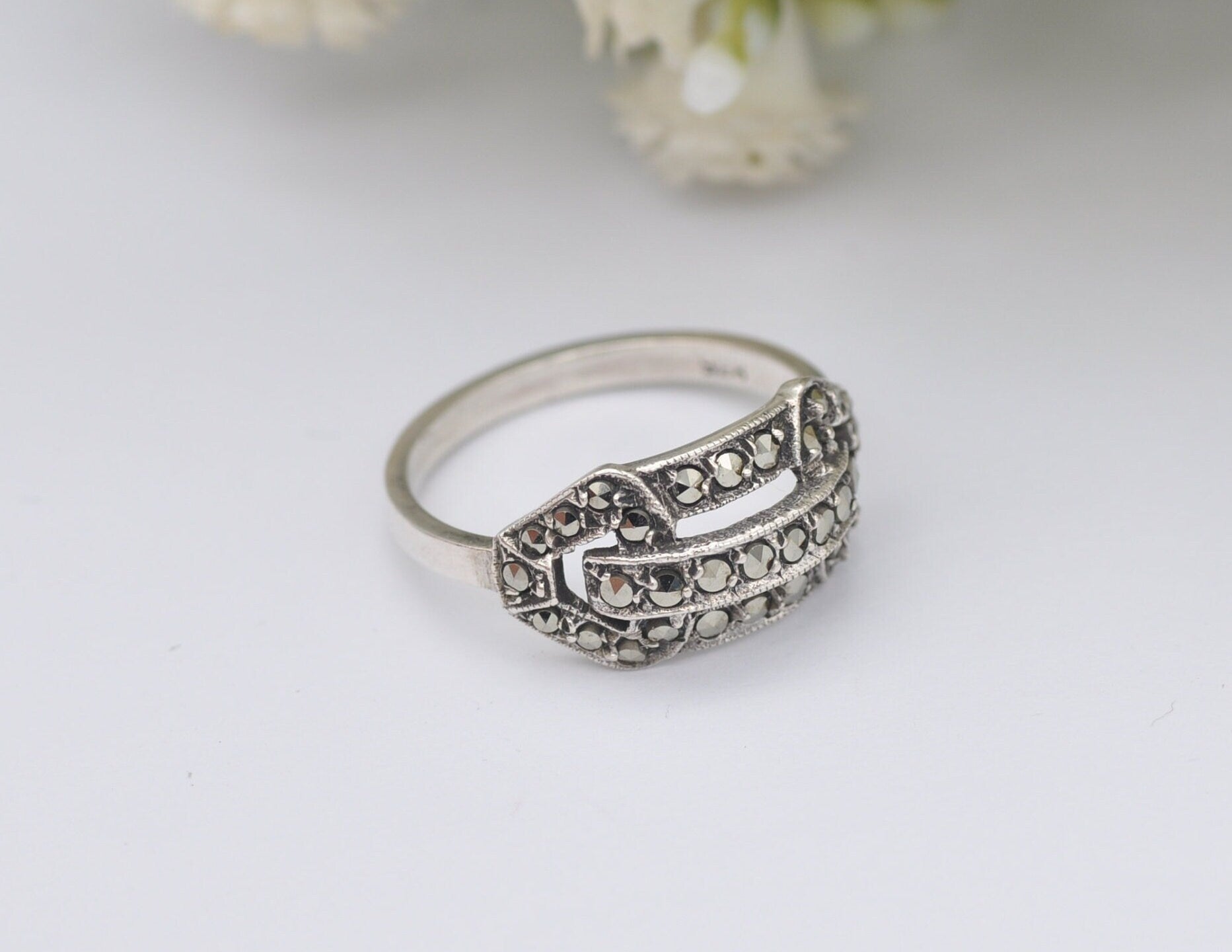 Art Deco Silver & Marcasite Tank Ring - Antique / 1930s / 1920s / 835 Silver / UK Size - L 1/2 / US Size - 6