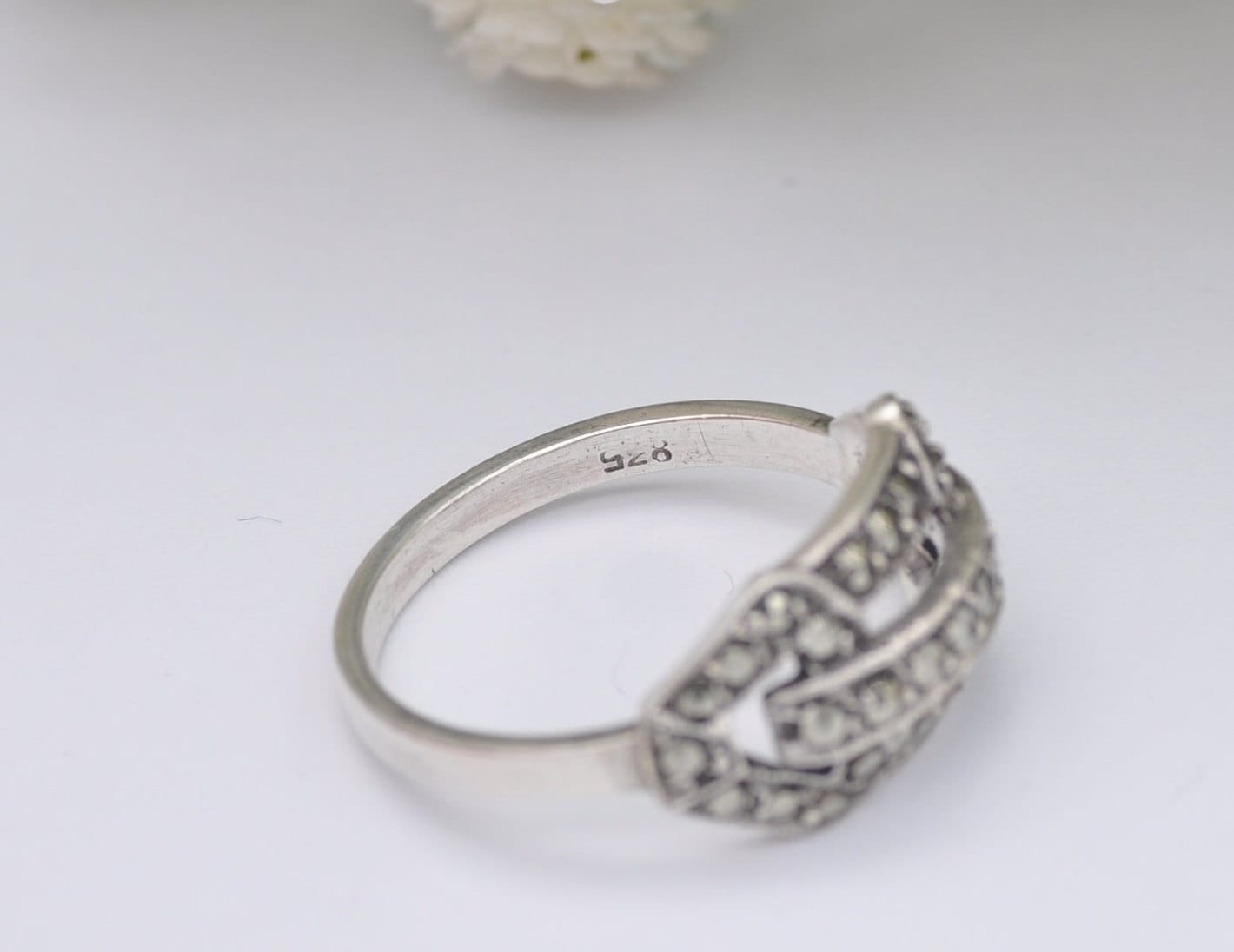 Art Deco Silver & Marcasite Tank Ring - Antique / 1930s / 1920s / 835 Silver / UK Size - L 1/2 / US Size - 6