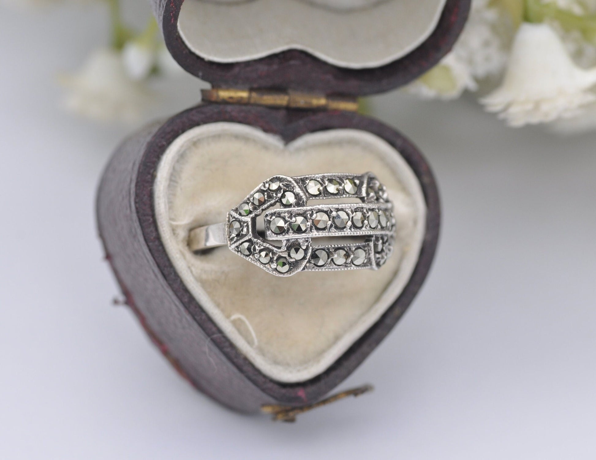 Art Deco Silver & Marcasite Tank Ring - Antique / 1930s / 1920s / 835 Silver / UK Size - L 1/2 / US Size - 6