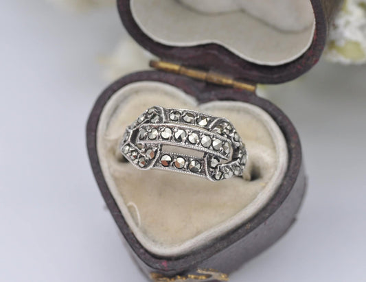 Art Deco Silver & Marcasite Tank Ring - Antique / 1930s / 1920s / 835 Silver / UK Size - L 1/2 / US Size - 6