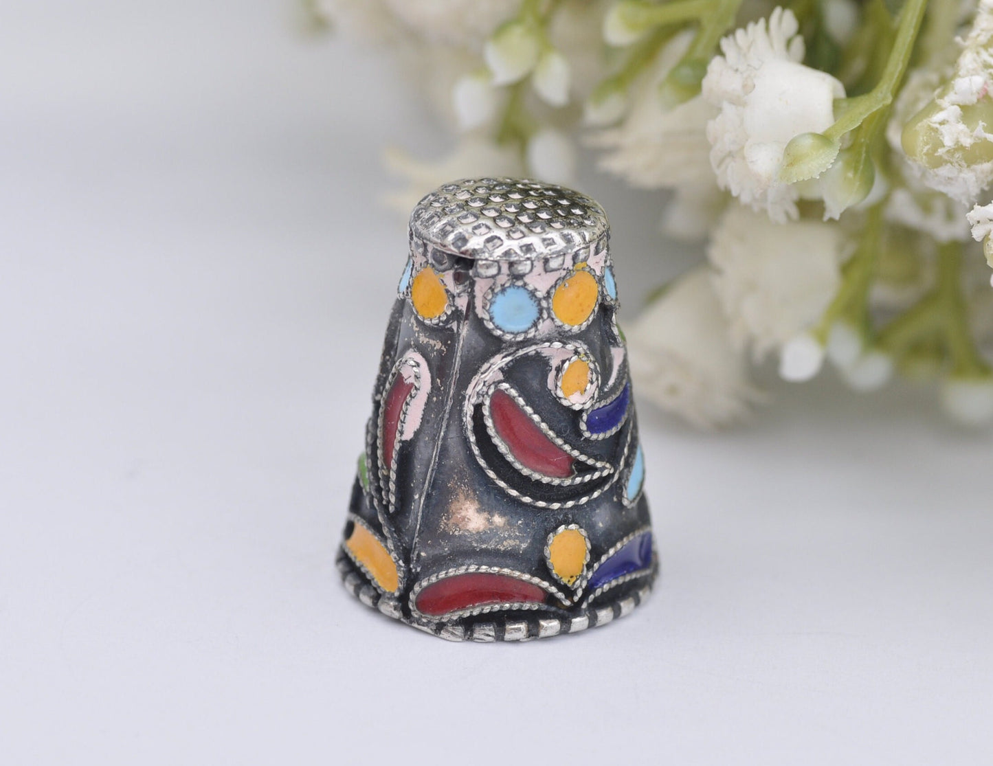 Vintage 935 Silver & Enamel Thimble - Mexico | 2317 | Sewing | Accessory | Detailed | Patterned | Silverware | Collectable