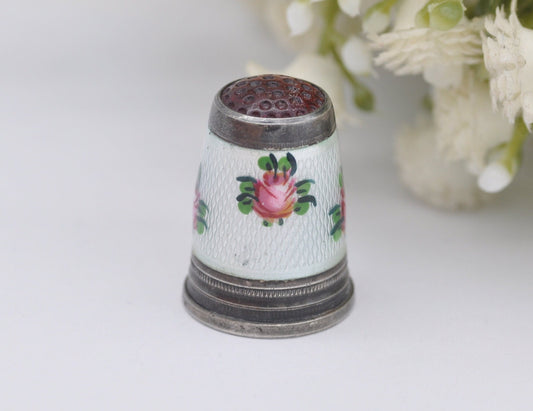 Vintage Silver & Guilloché Enamel Red Topped Rose Thimble - Sewing | Detailed | 935 Silver | Floral | Flower