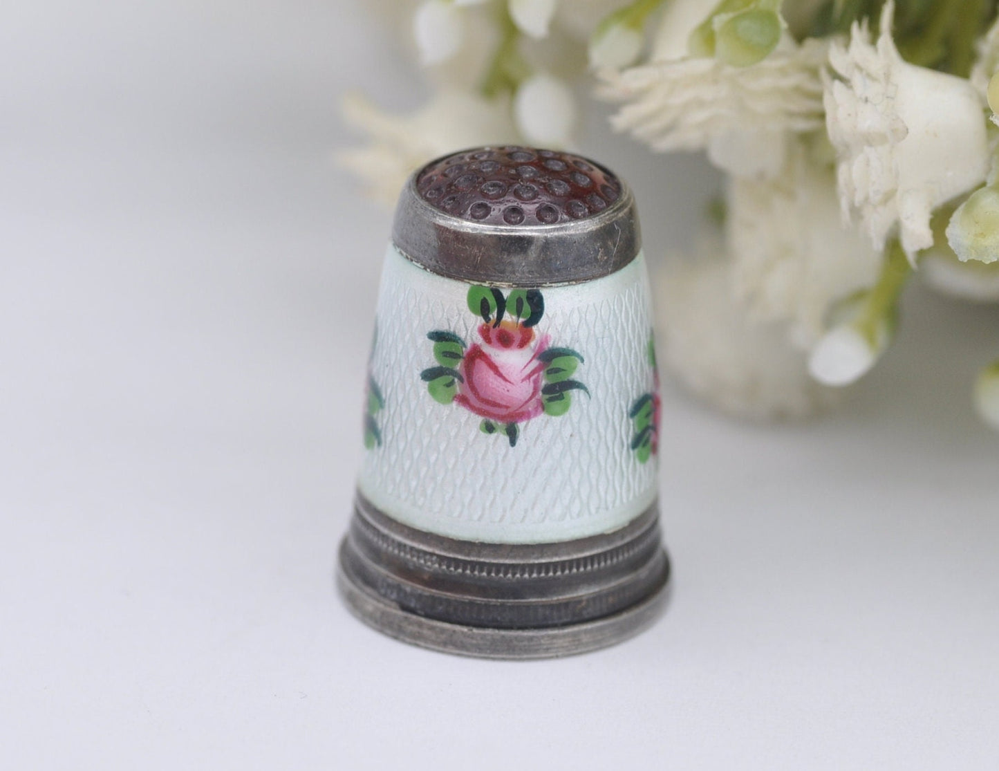 Vintage Silver & Guilloché Enamel Red Topped Rose Thimble - Sewing | Detailed | 935 Silver | Floral | Flower