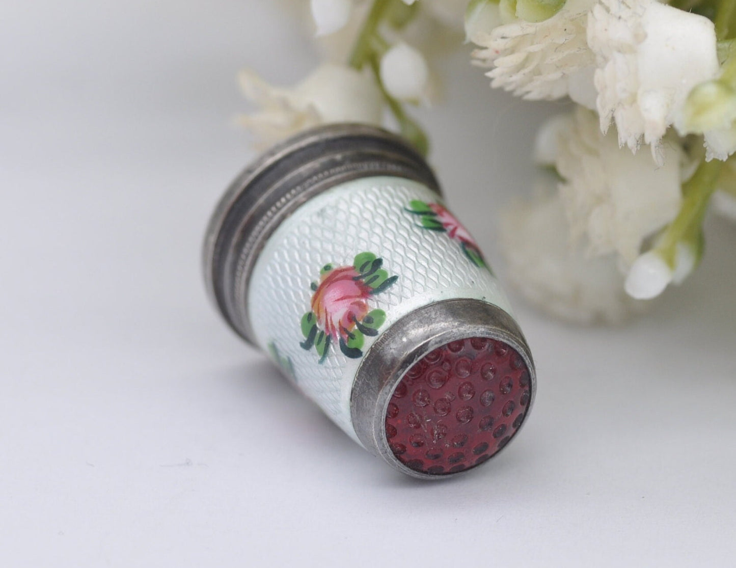 Vintage Silver & Guilloché Enamel Red Topped Rose Thimble - Sewing | Detailed | 935 Silver | Floral | Flower