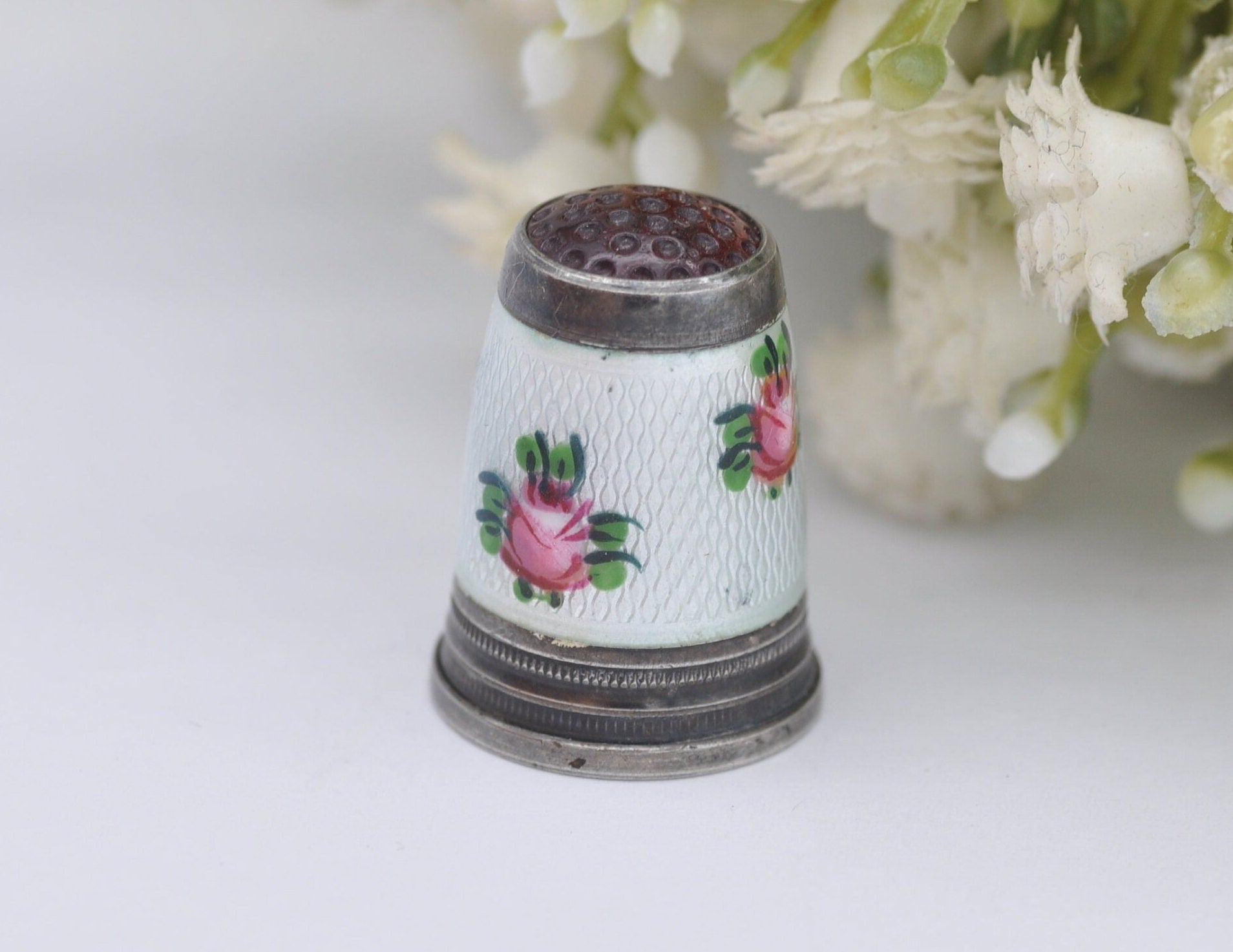 Vintage Silver & Guilloché Enamel Red Topped Rose Thimble - Sewing | Detailed | 935 Silver | Floral | Flower