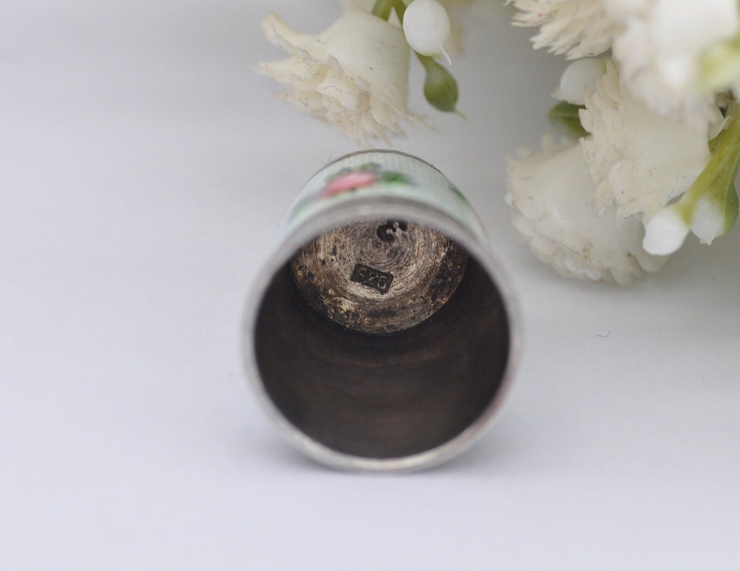 Vintage Silver & Guilloché Enamel Red Topped Rose Thimble - Sewing | Detailed | 935 Silver | Floral | Flower