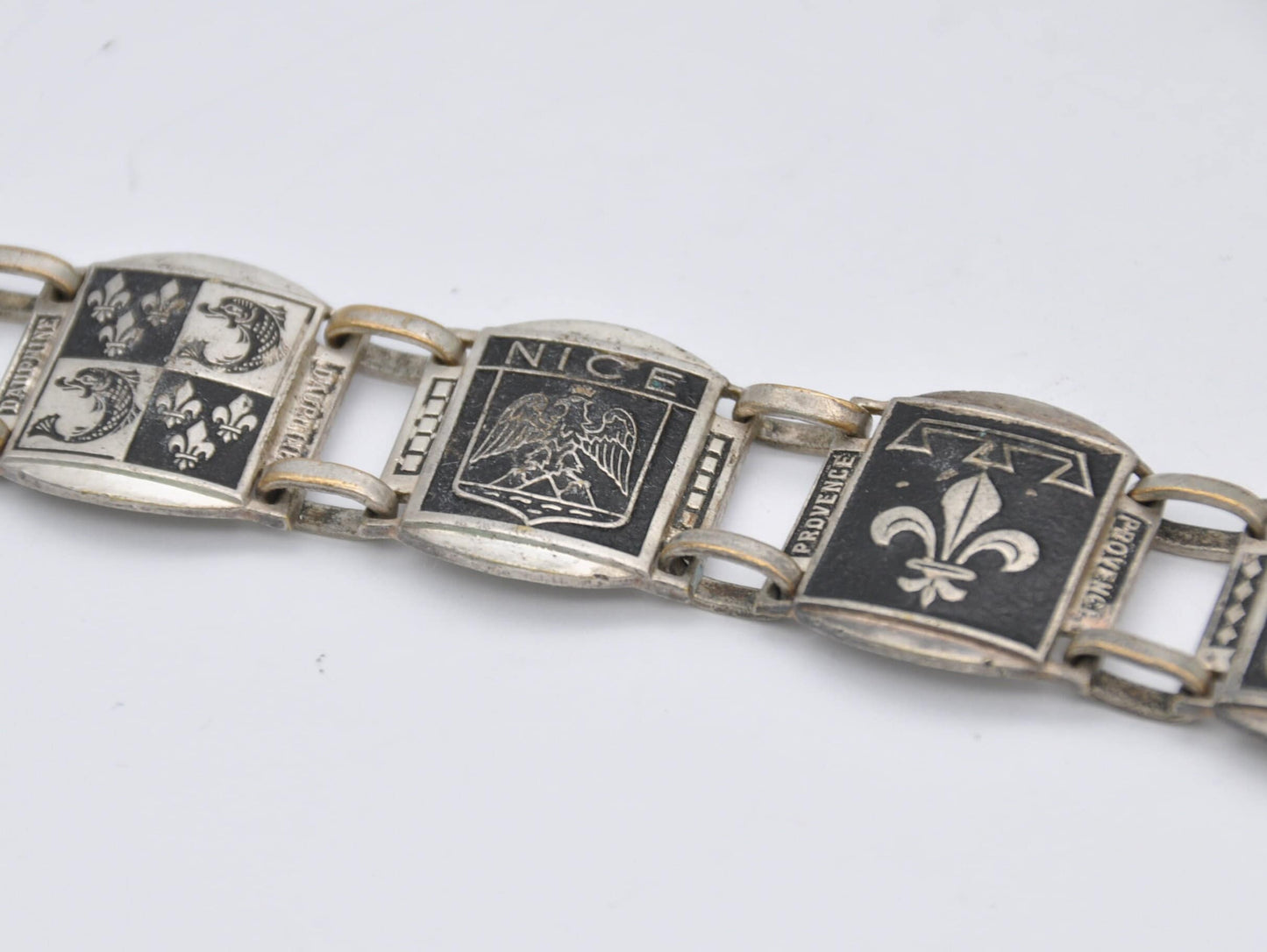 Vintage Silver Tone France Cities Travel Bracelet - Islands / Europe / Panel / Nice / Corse / Comtat / Monaco / Costume Jewellery