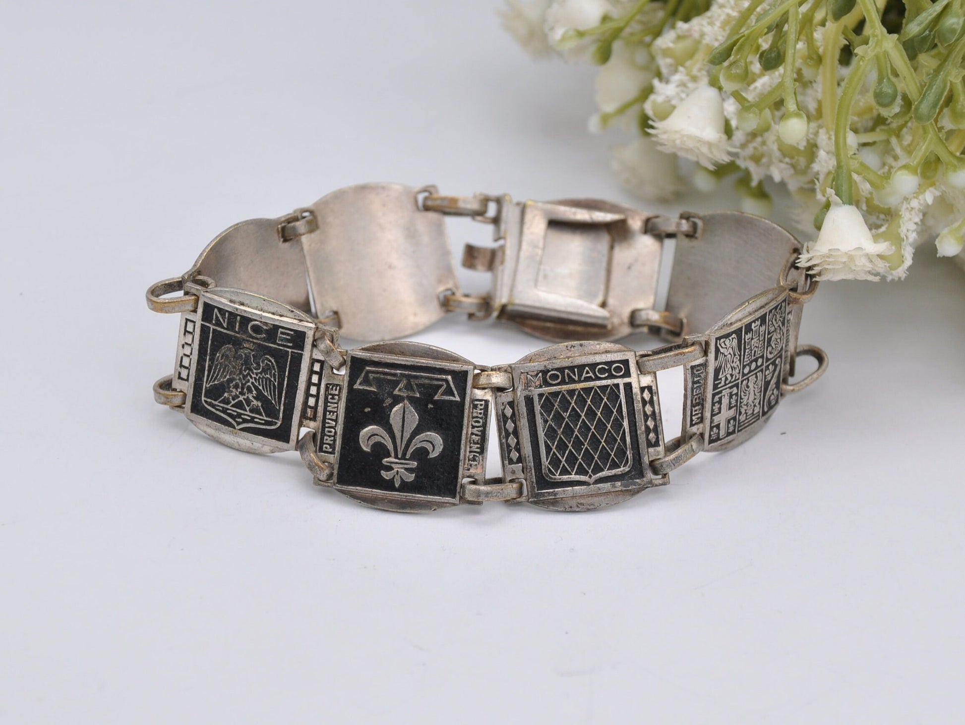 Vintage Silver Tone France Cities Travel Bracelet - Islands / Europe / Panel / Nice / Corse / Comtat / Monaco / Costume Jewellery