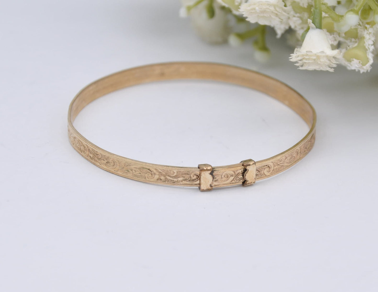 Vintage HG&S 9ct Rolled Gold Bangle Bracelet - Expanding | Child | Baby | Etched | Floral | Foliate | Leaf | Henry Griffith and Sons