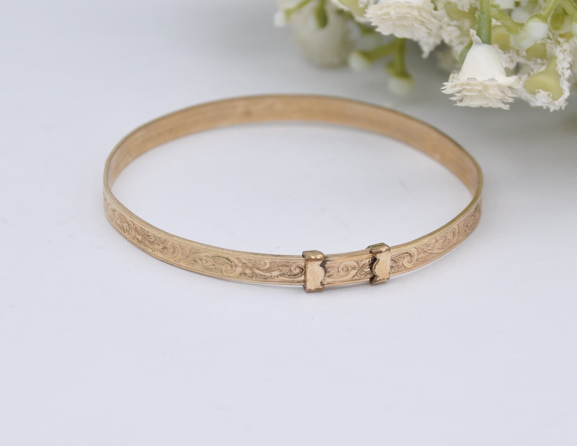 Vintage HG&S 9ct Rolled Gold Bangle Bracelet - Expanding | Child | Baby | Etched | Floral | Foliate | Leaf | Henry Griffith and Sons