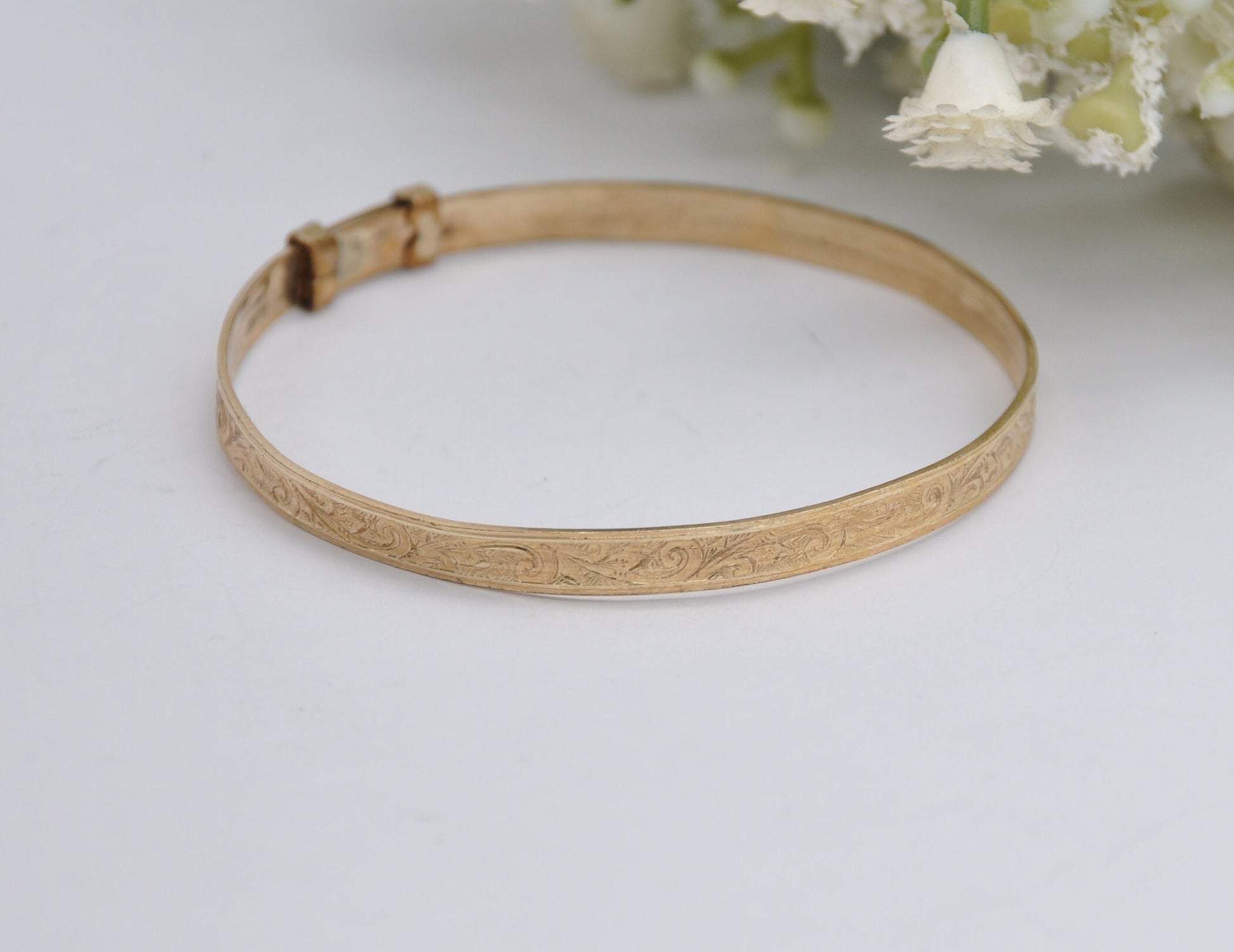 Vintage HG&S 9ct Rolled Gold Bangle Bracelet - Expanding | Child | Baby | Etched | Floral | Foliate | Leaf | Henry Griffith and Sons