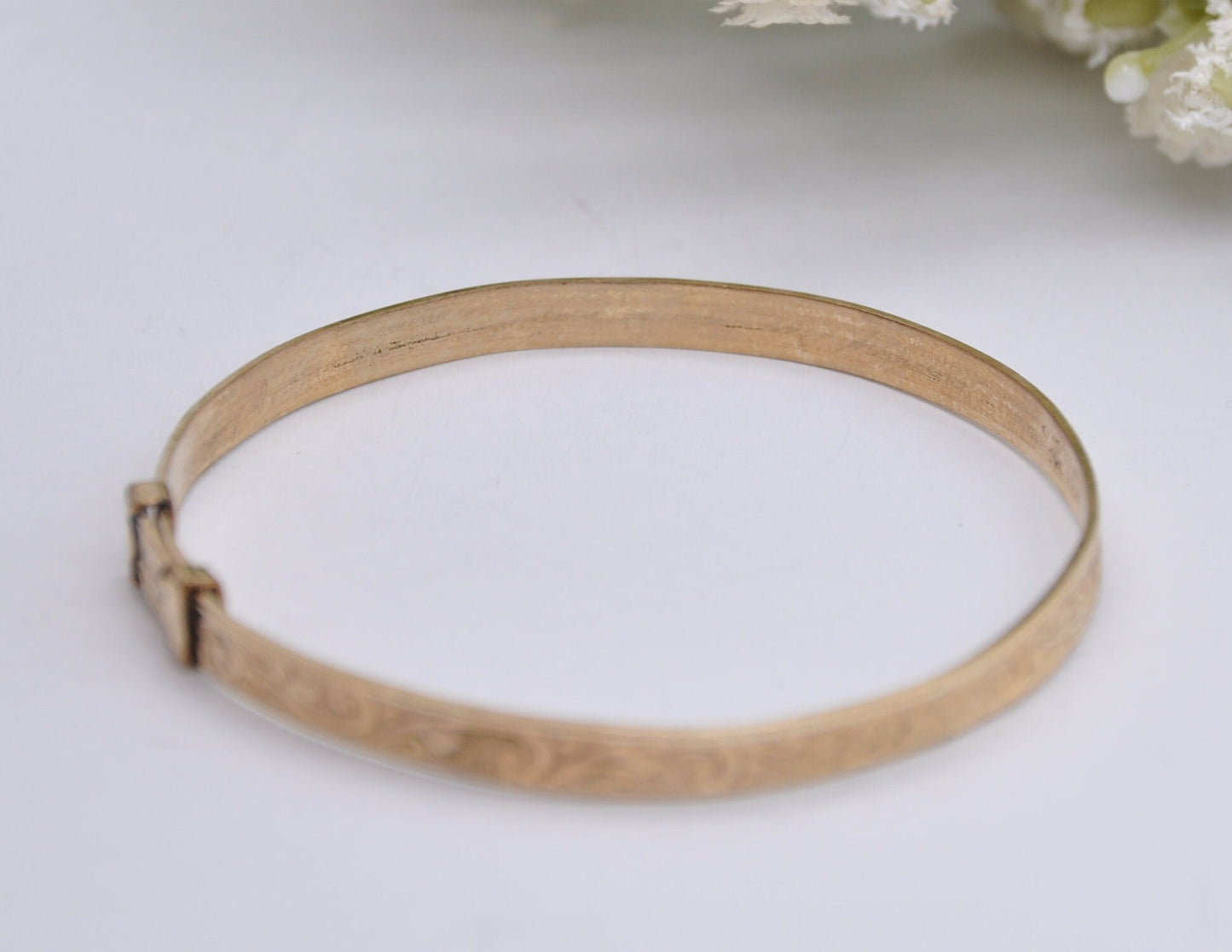 Vintage HG&S 9ct Rolled Gold Bangle Bracelet - Expanding | Child | Baby | Etched | Floral | Foliate | Leaf | Henry Griffith and Sons