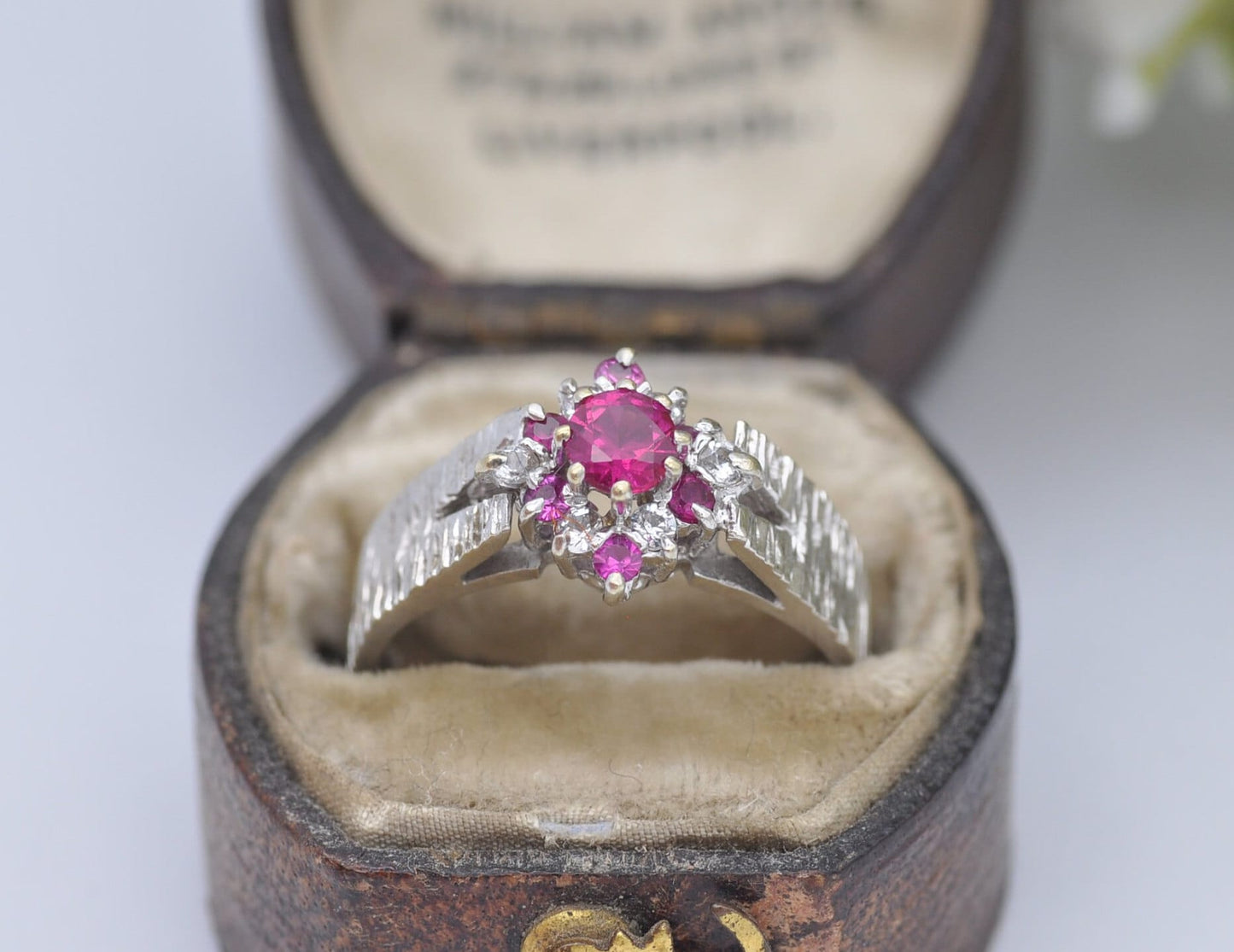 Vintage 18ct White Gold Ruby Ring - 18K / Diamond Shape Cluster / Chunky Textured / 1960s / Synthetic Rubies / UK Size - N / US Size - 6 1/2