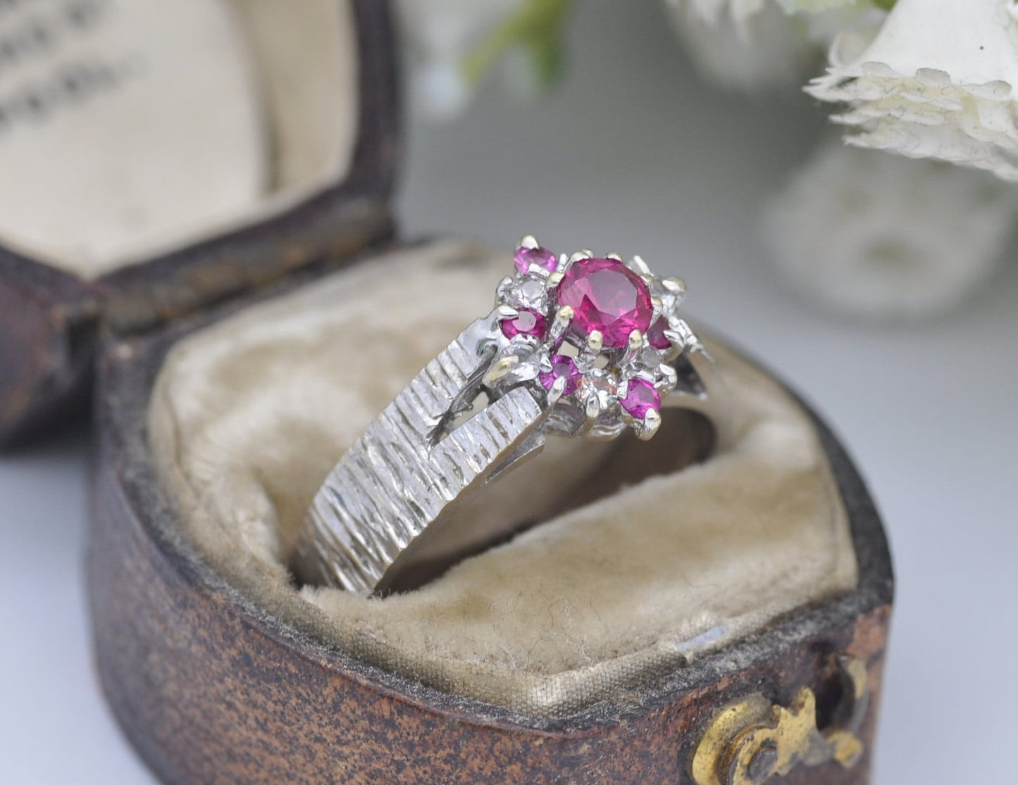 Vintage 18ct White Gold Ruby Ring - 18K / Diamond Shape Cluster / Chunky Textured / 1960s / Synthetic Rubies / UK Size - N / US Size - 6 1/2