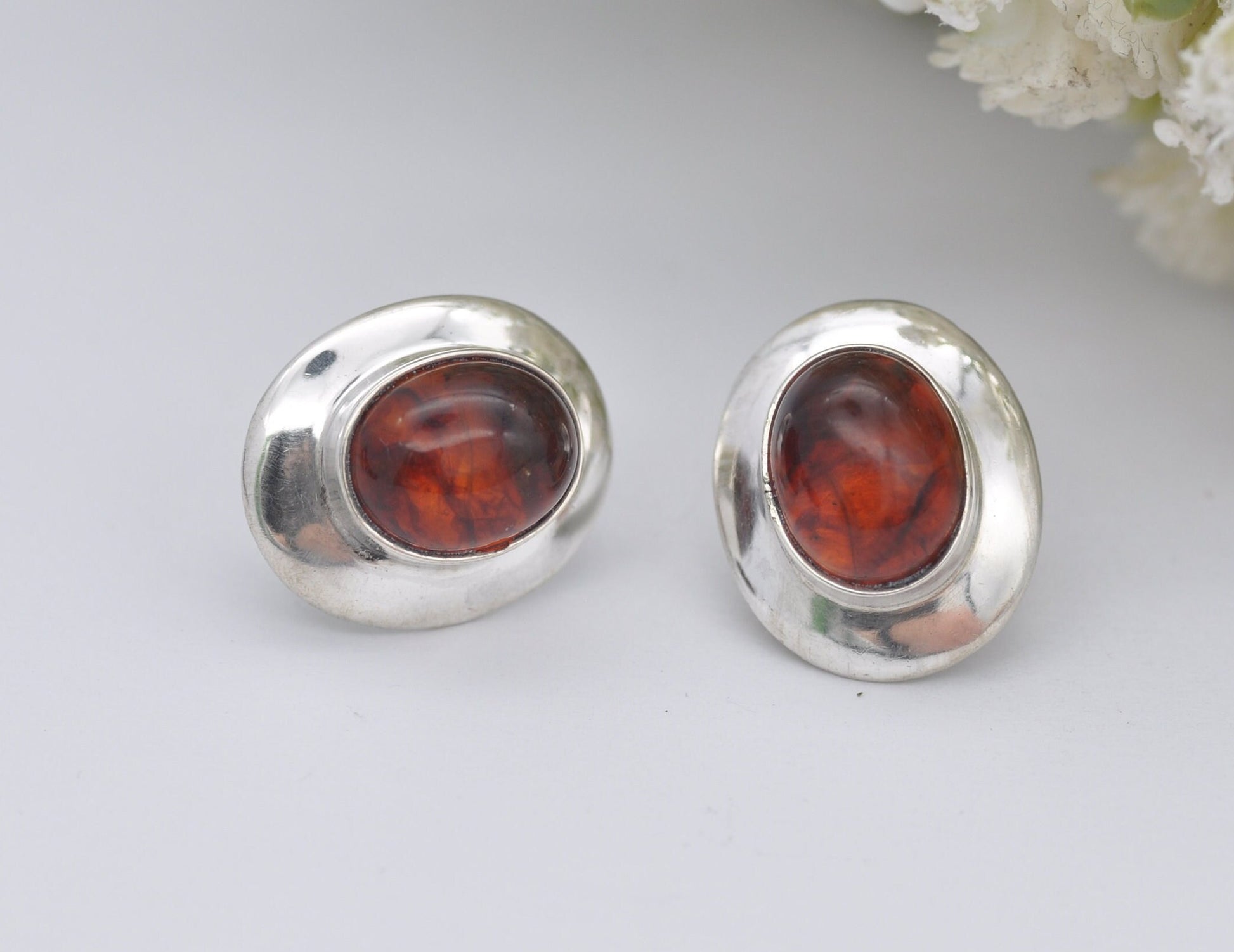 Vintage Sterling Silver Amber Earrings - Mid-Century Modern / Chunky / Dangle / Stud / Orange Stone / Mexican Style / Statement Jewellery