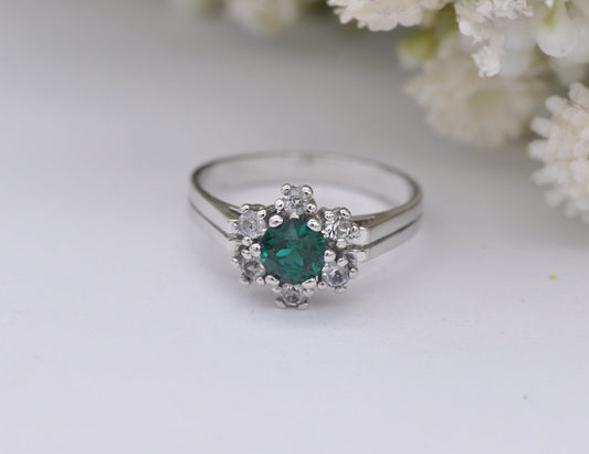 Spanish Silver Cluster Flower Ring - Vintage Statement Cocktail Ring / Green Stone Clear Stone / Mid-Century / UK Size - M / US Size - 6 1/4