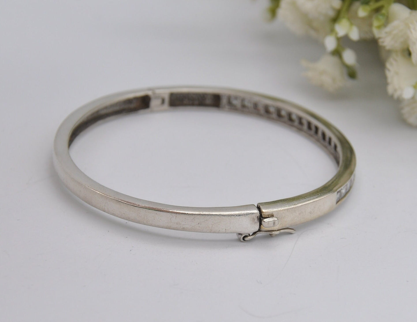 Sterling Silver and White Stone Bangle Bracelet - Elegant | Row | Safety Clip | 925