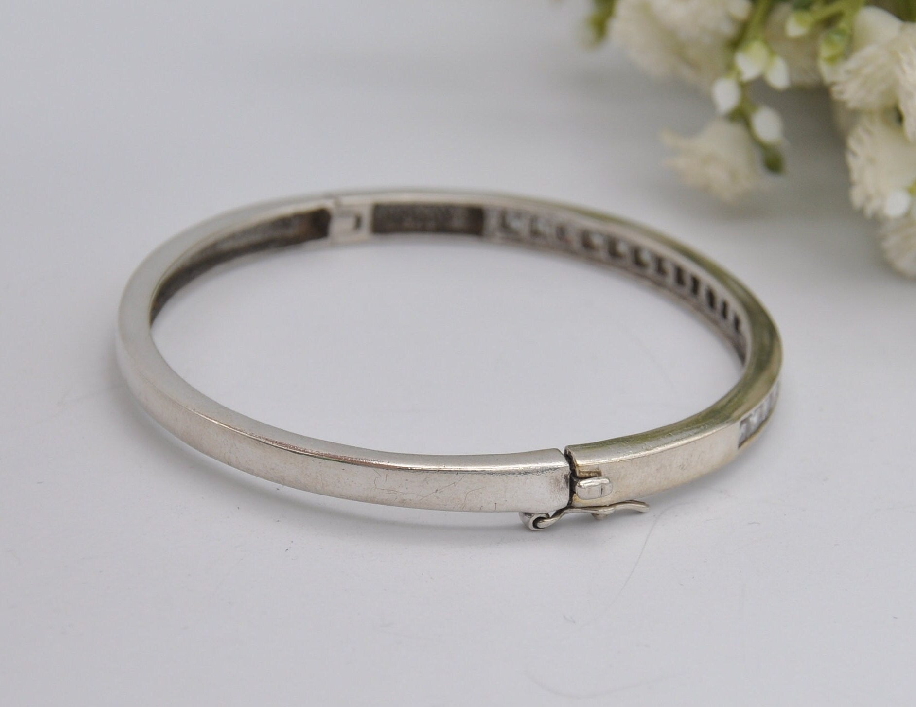 Sterling Silver and White Stone Bangle Bracelet - Elegant | Row | Safety Clip | 925